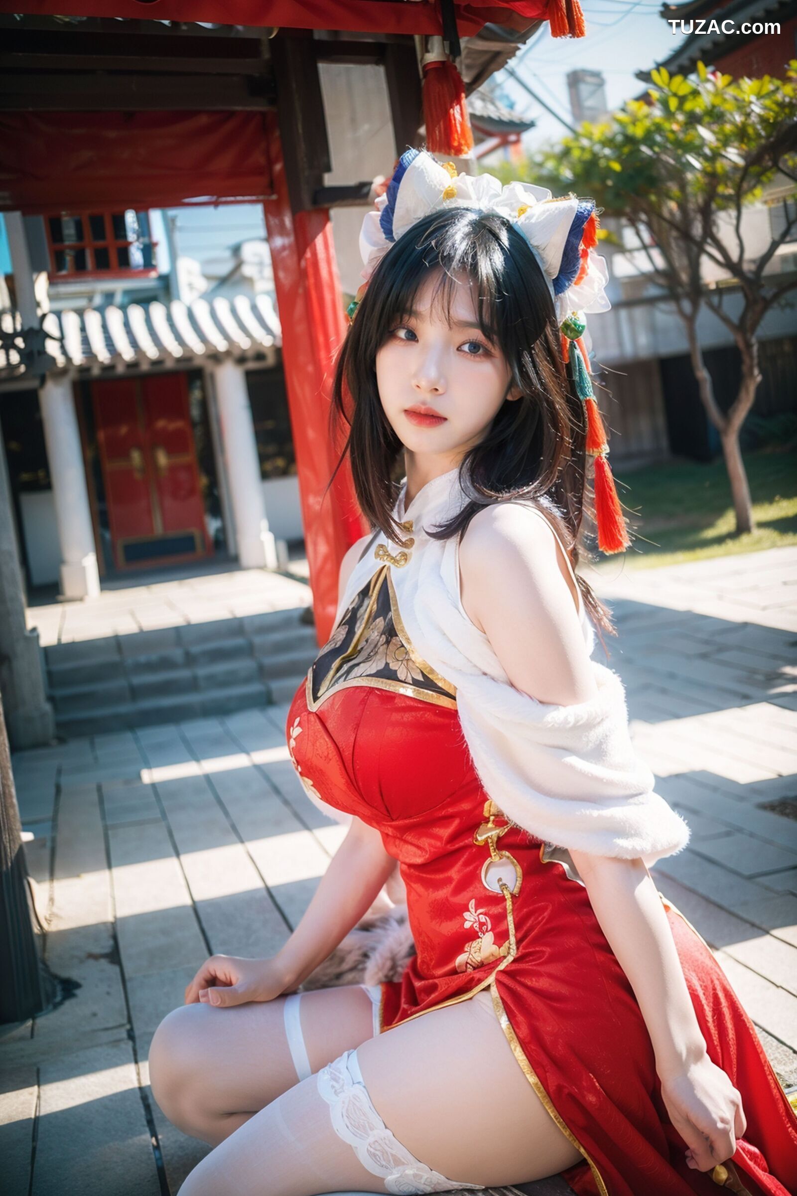 AI美女-拟实-红旗袍猫耳cos