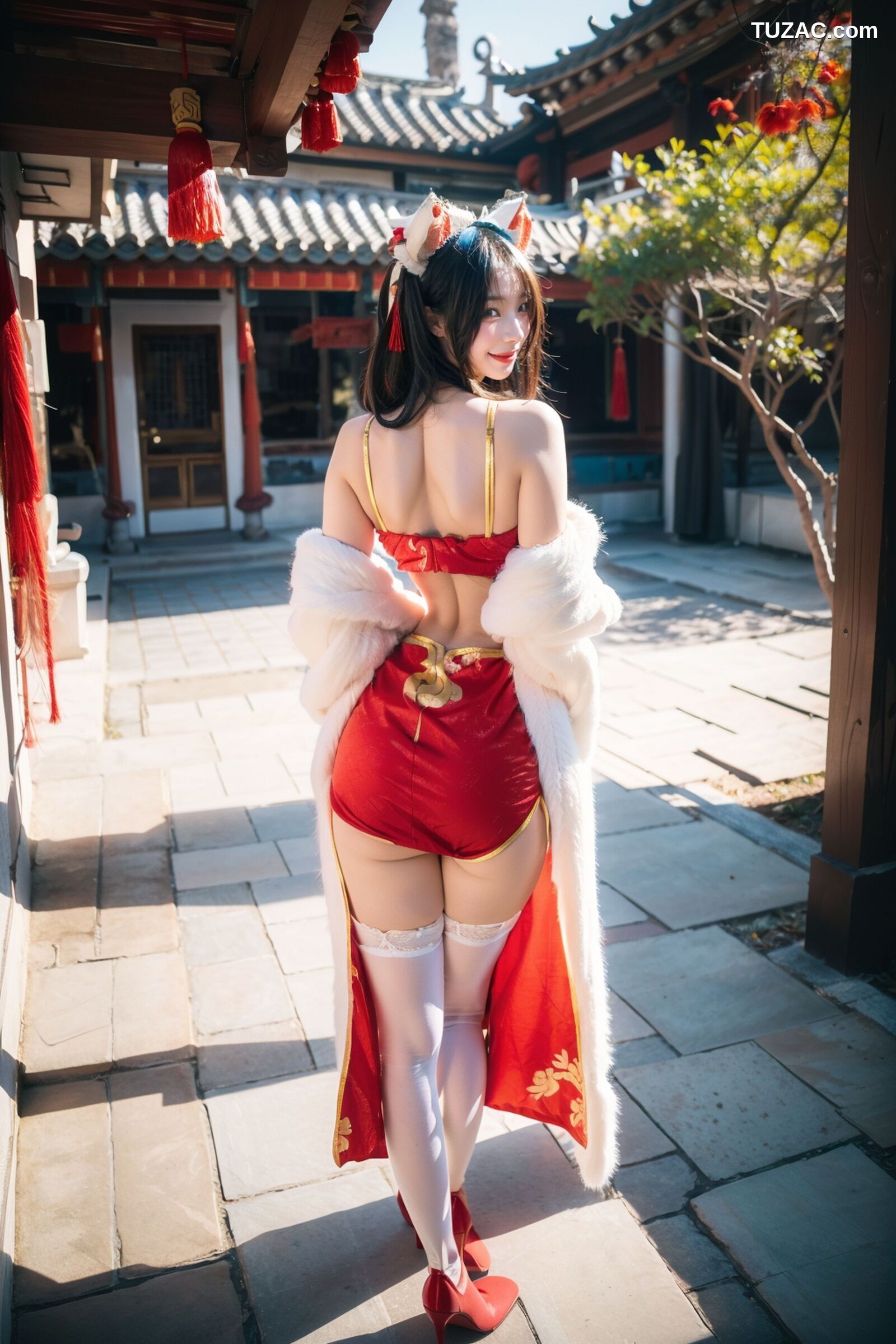 AI美女-拟实-红旗袍猫耳cos