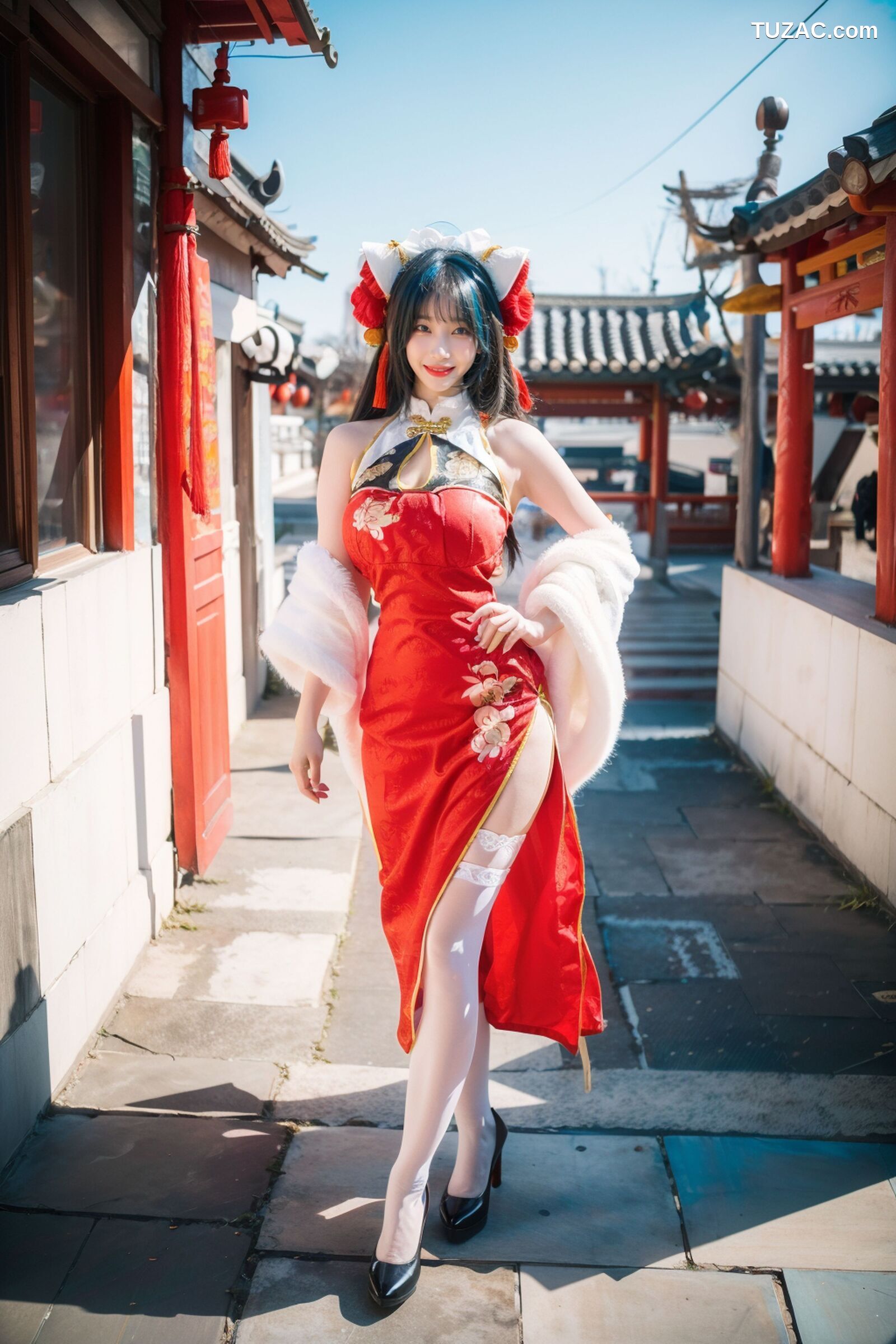 AI美女-拟实-红旗袍猫耳cos
