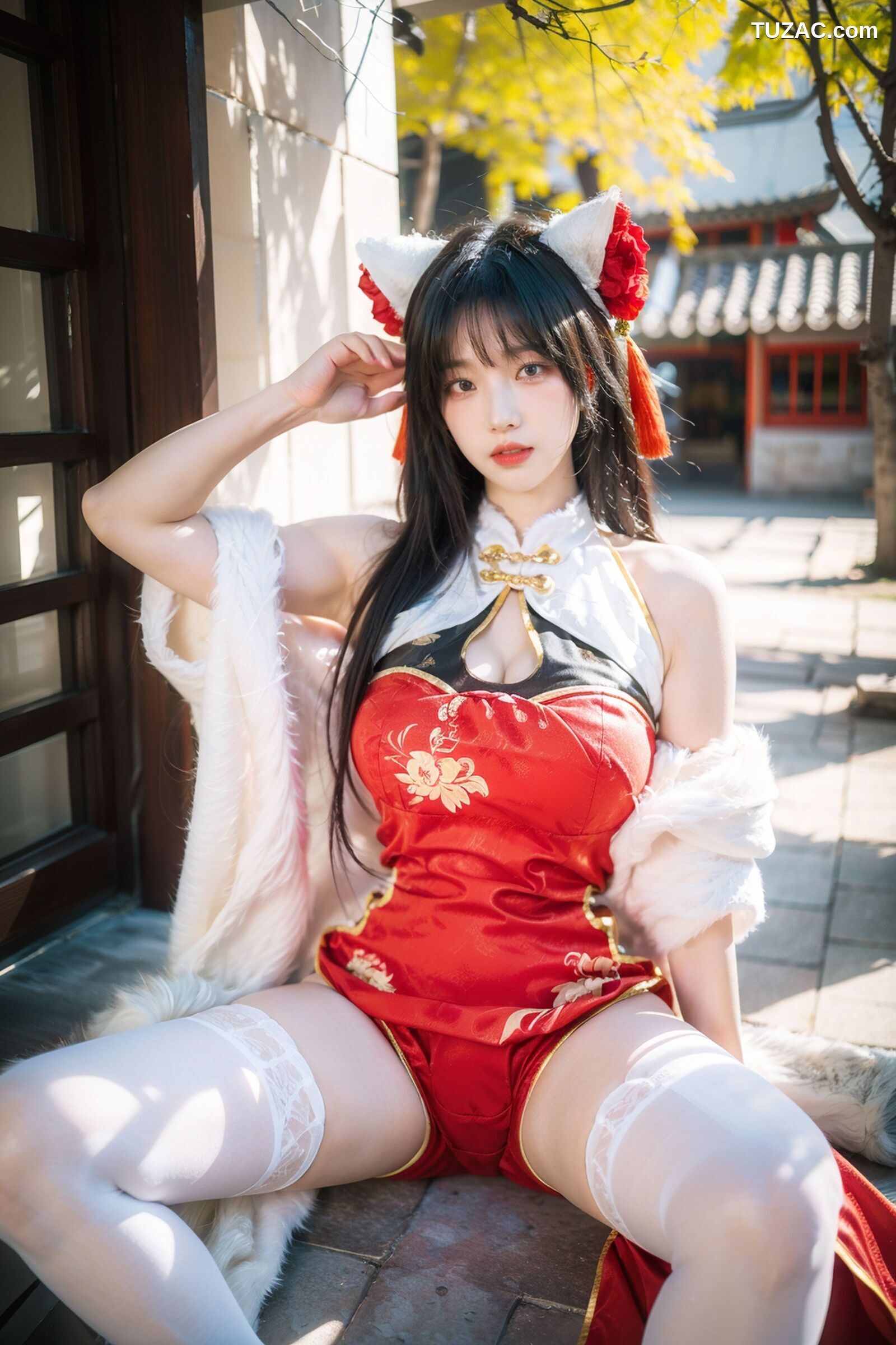 AI美女-拟实-红旗袍猫耳cos