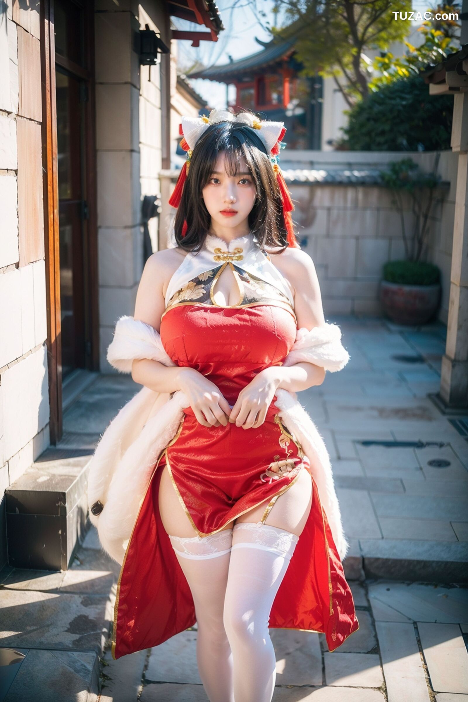 AI美女-拟实-红旗袍猫耳cos