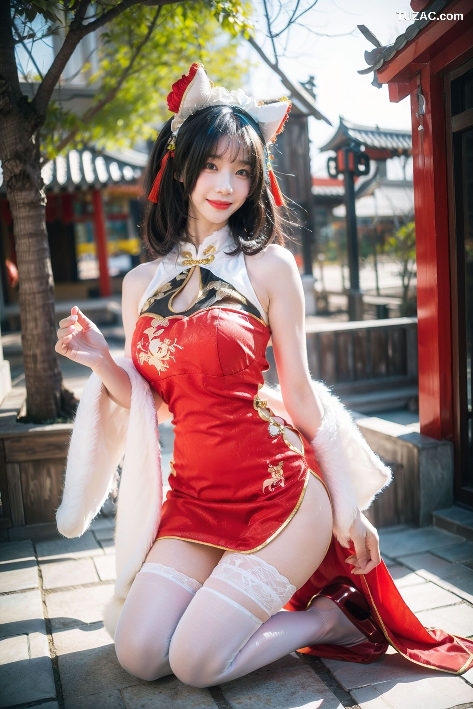 AI美女-拟实-红旗袍猫耳cos
