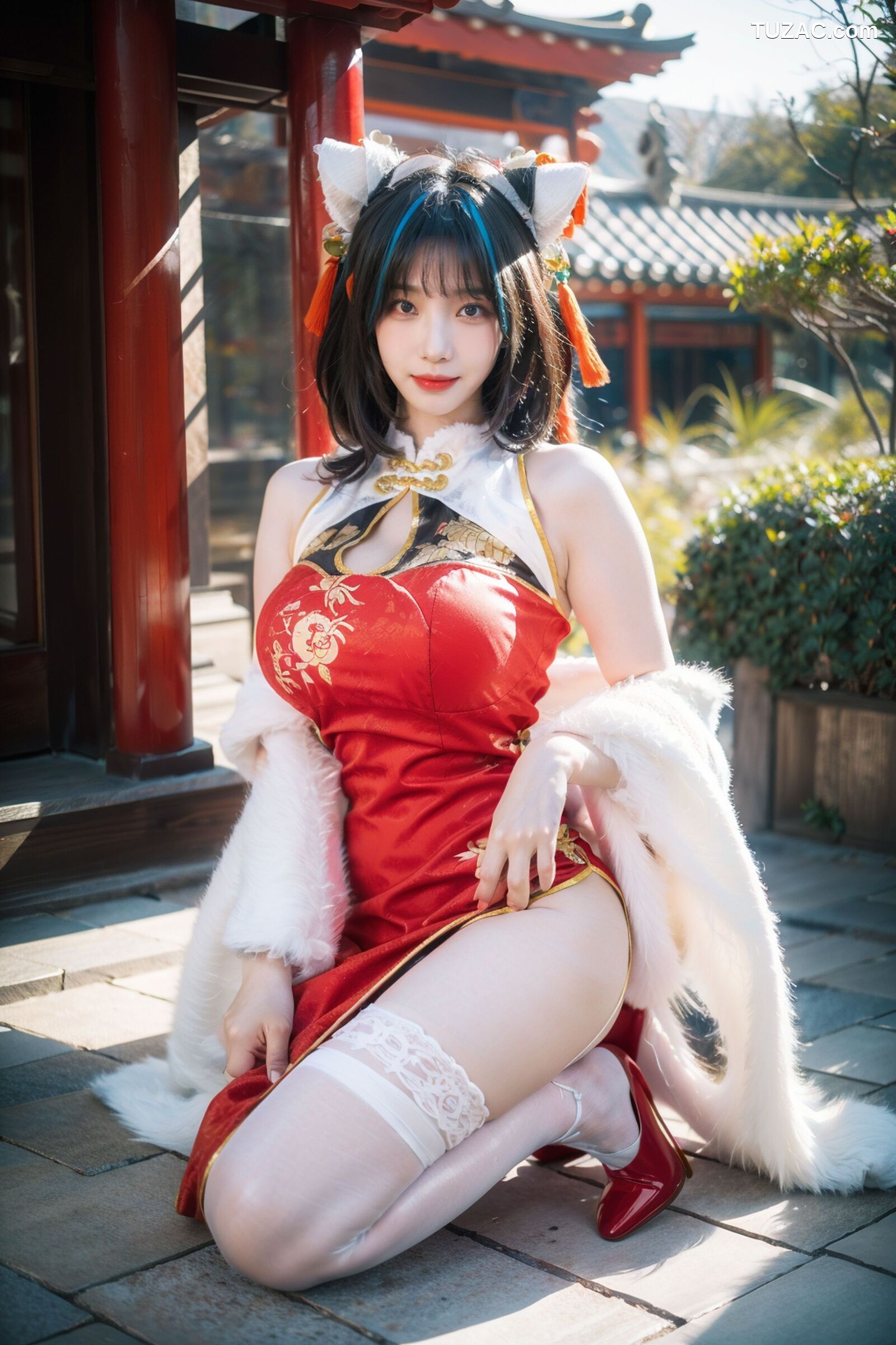 AI美女-拟实-红旗袍猫耳cos