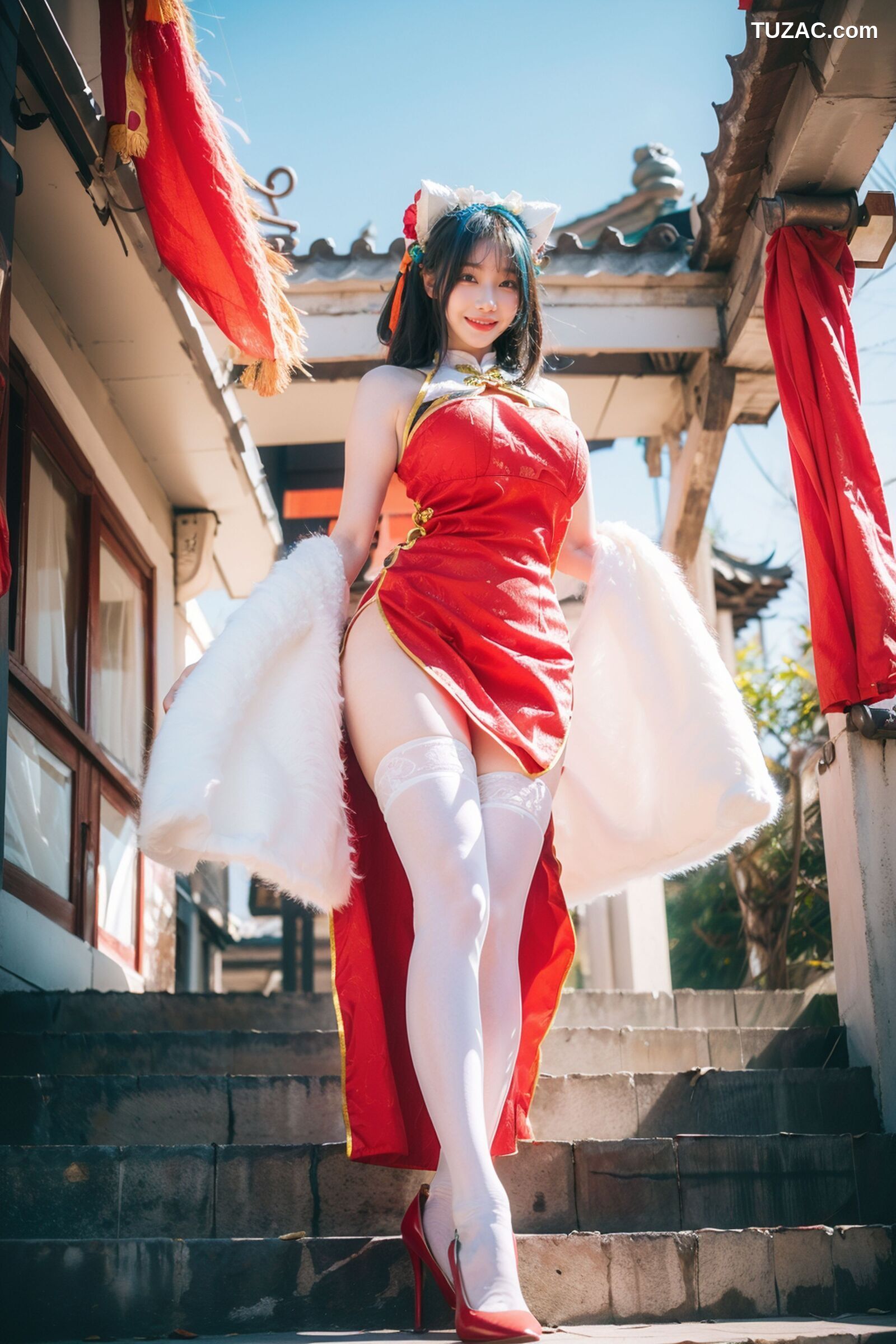 AI美女-拟实-红旗袍猫耳cos