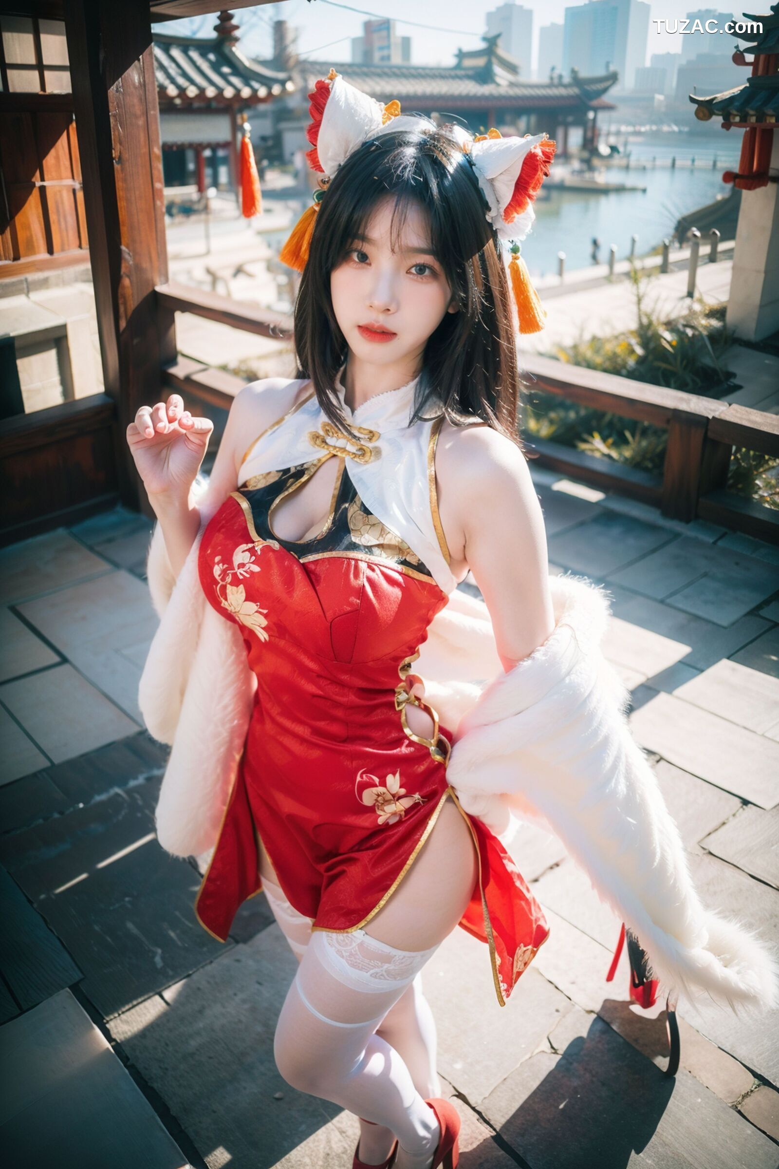 AI美女-拟实-红旗袍猫耳cos