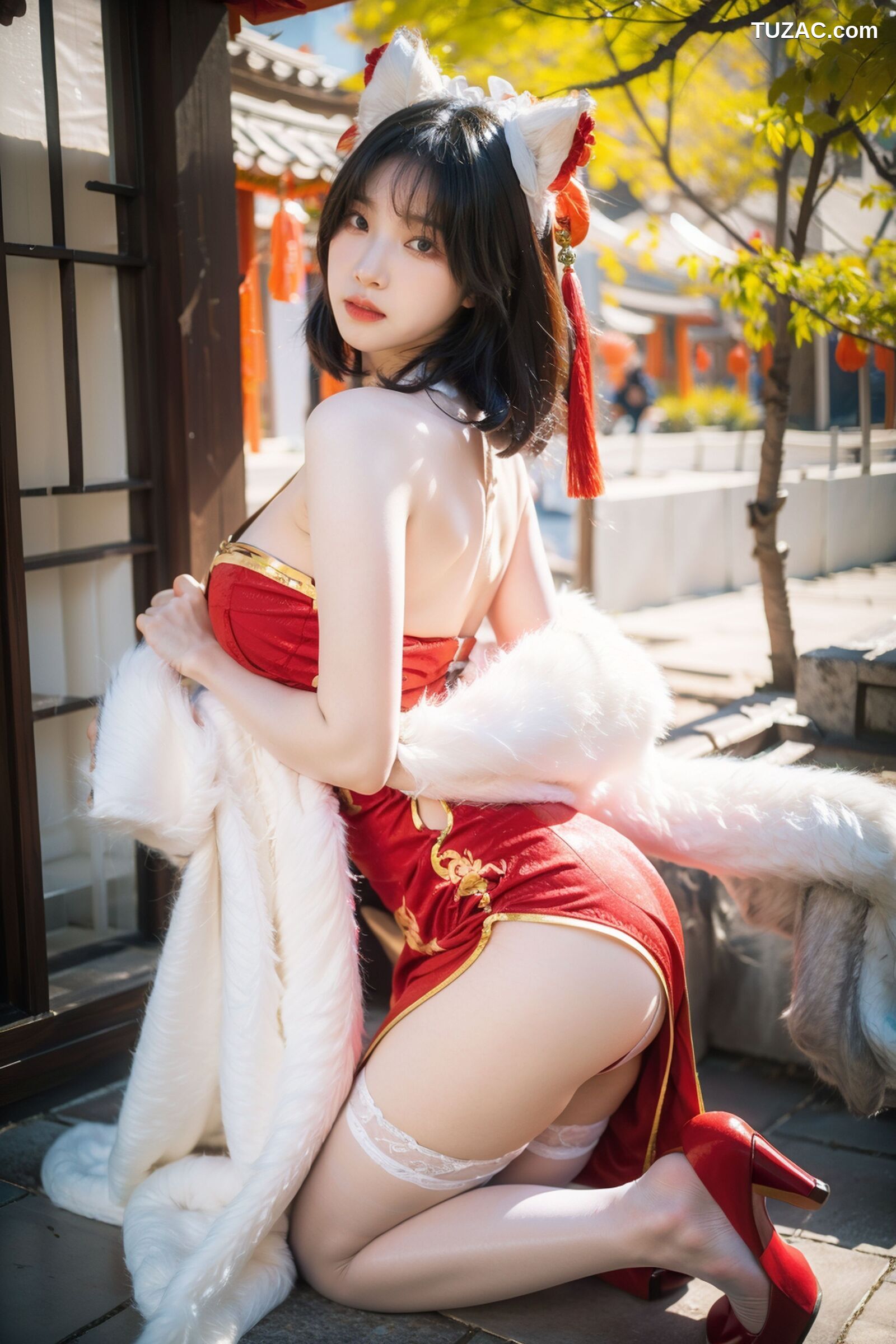 AI美女-拟实-红旗袍猫耳cos