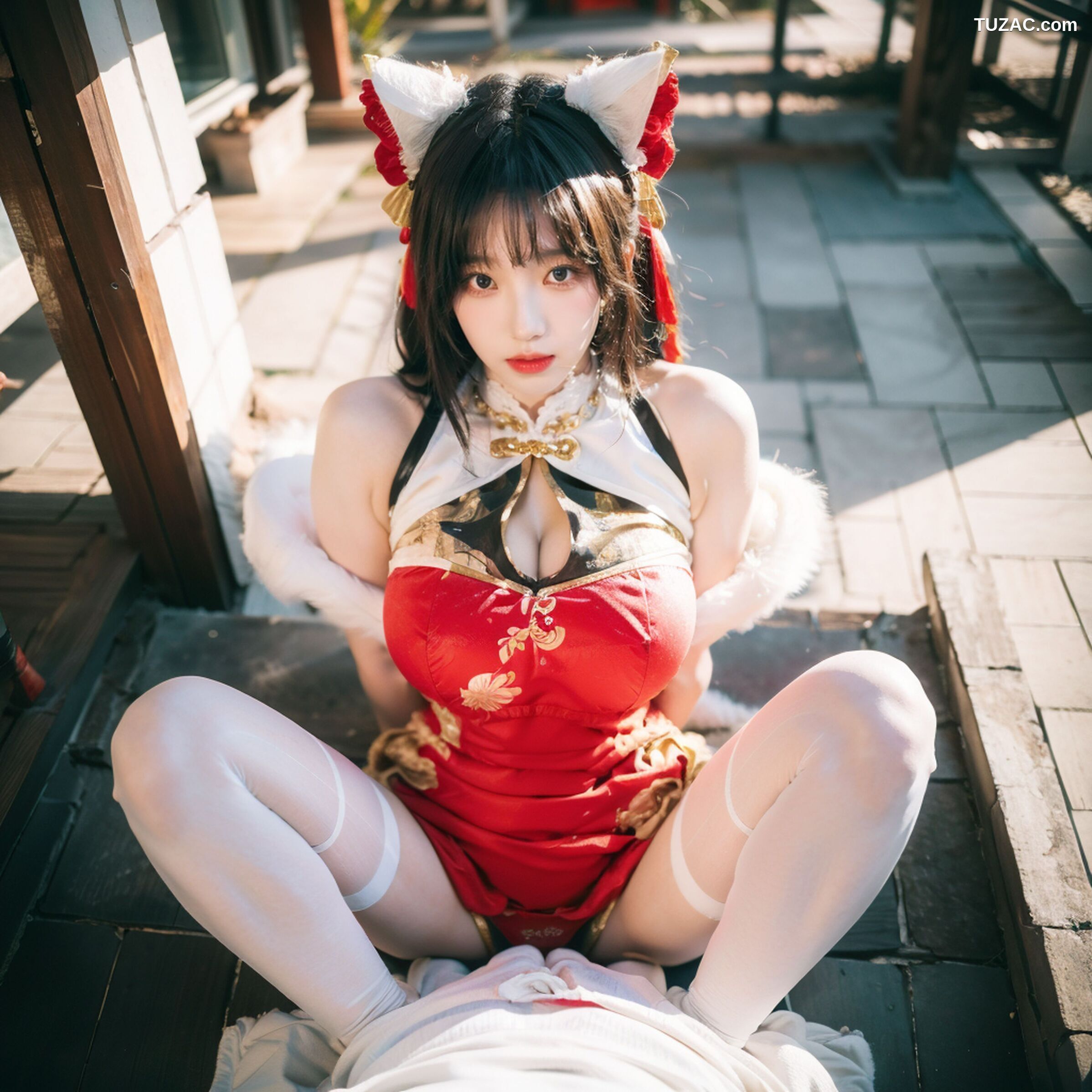 AI美女-拟实-红旗袍猫耳cos