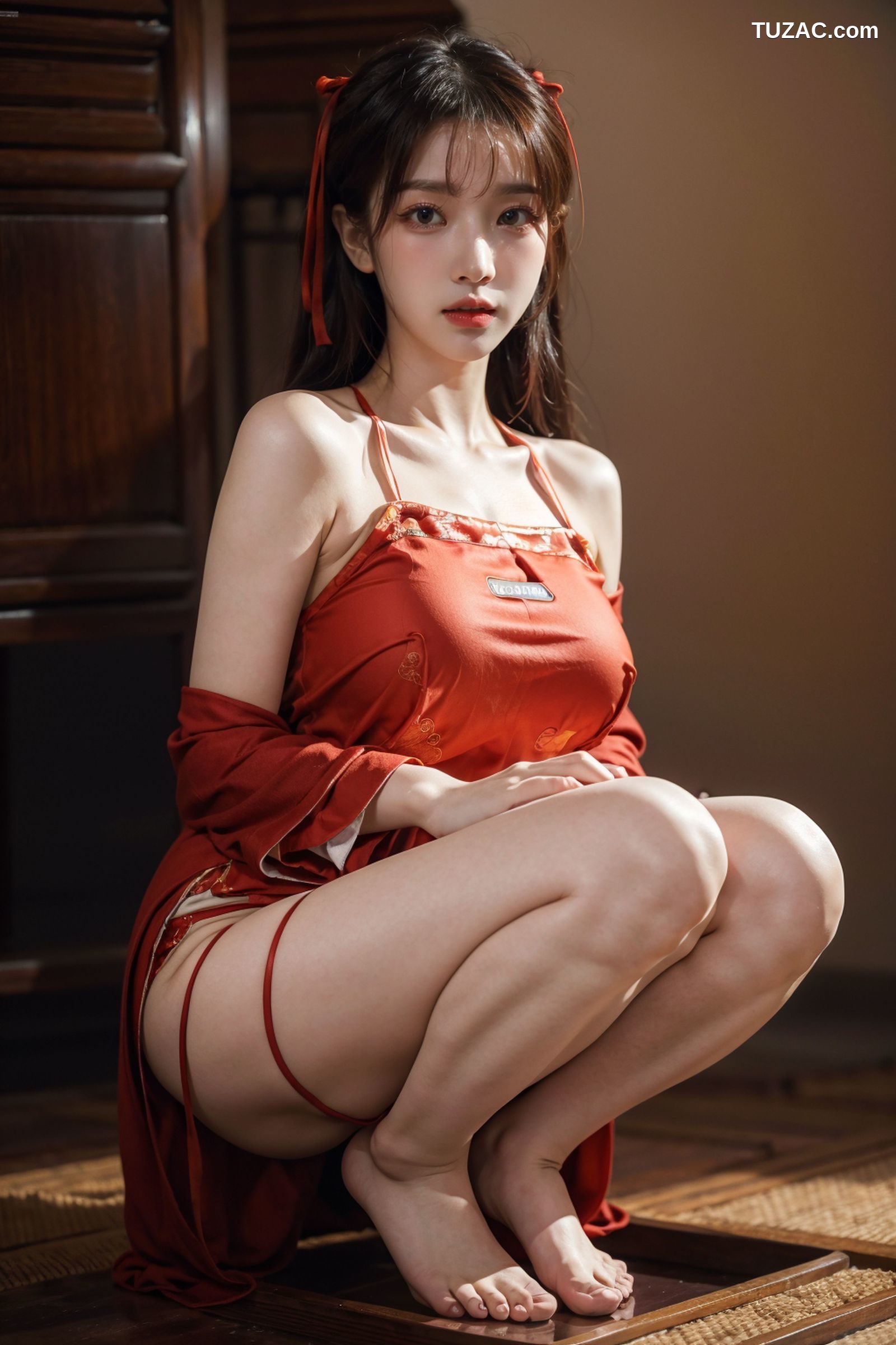 AI美女-拟实-红色肚兜古风美女