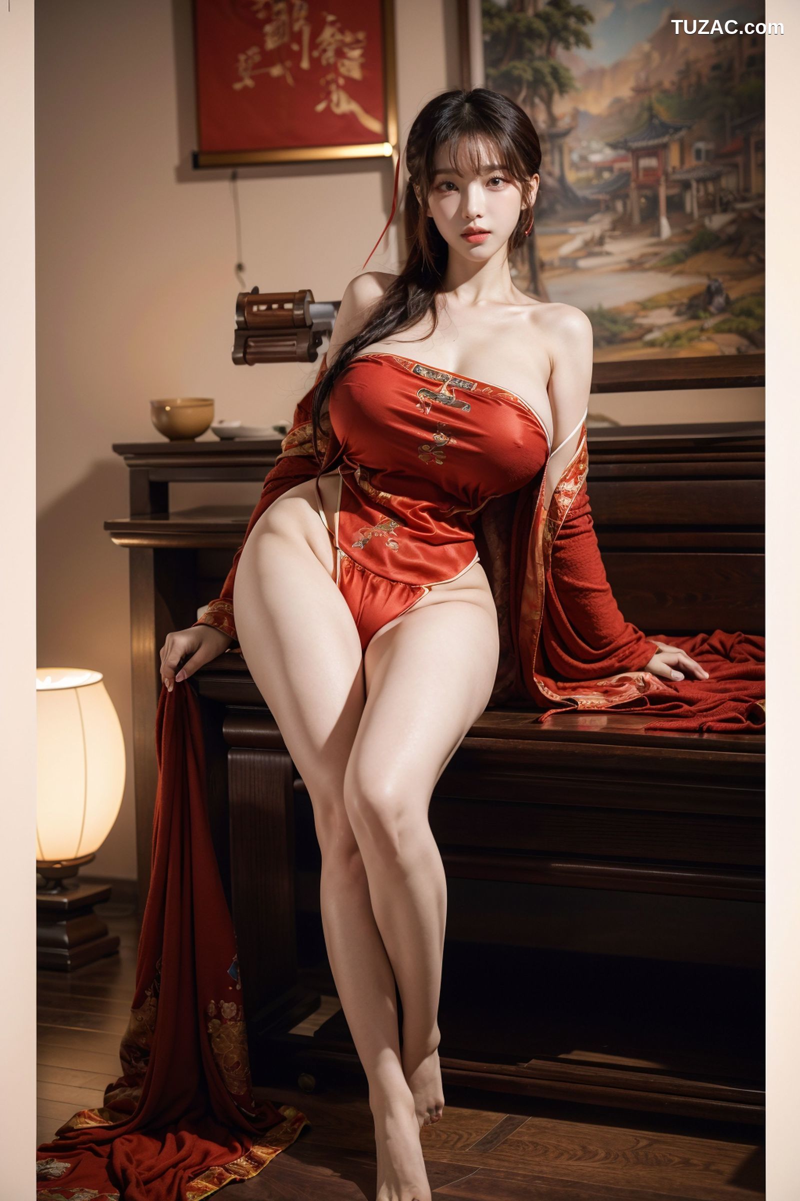 AI美女-拟实-红色肚兜古风美女