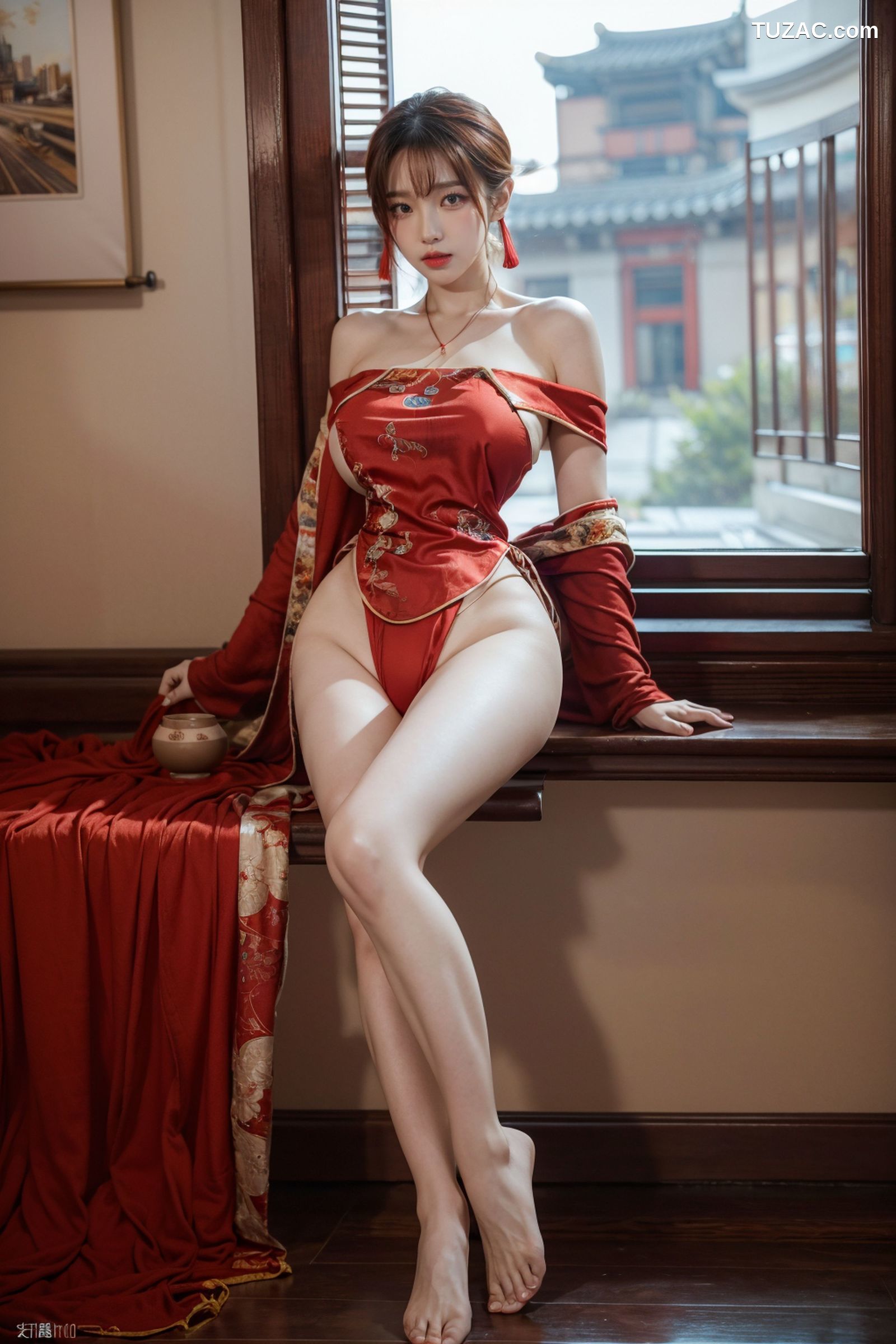 AI美女-拟实-红色肚兜古风美女