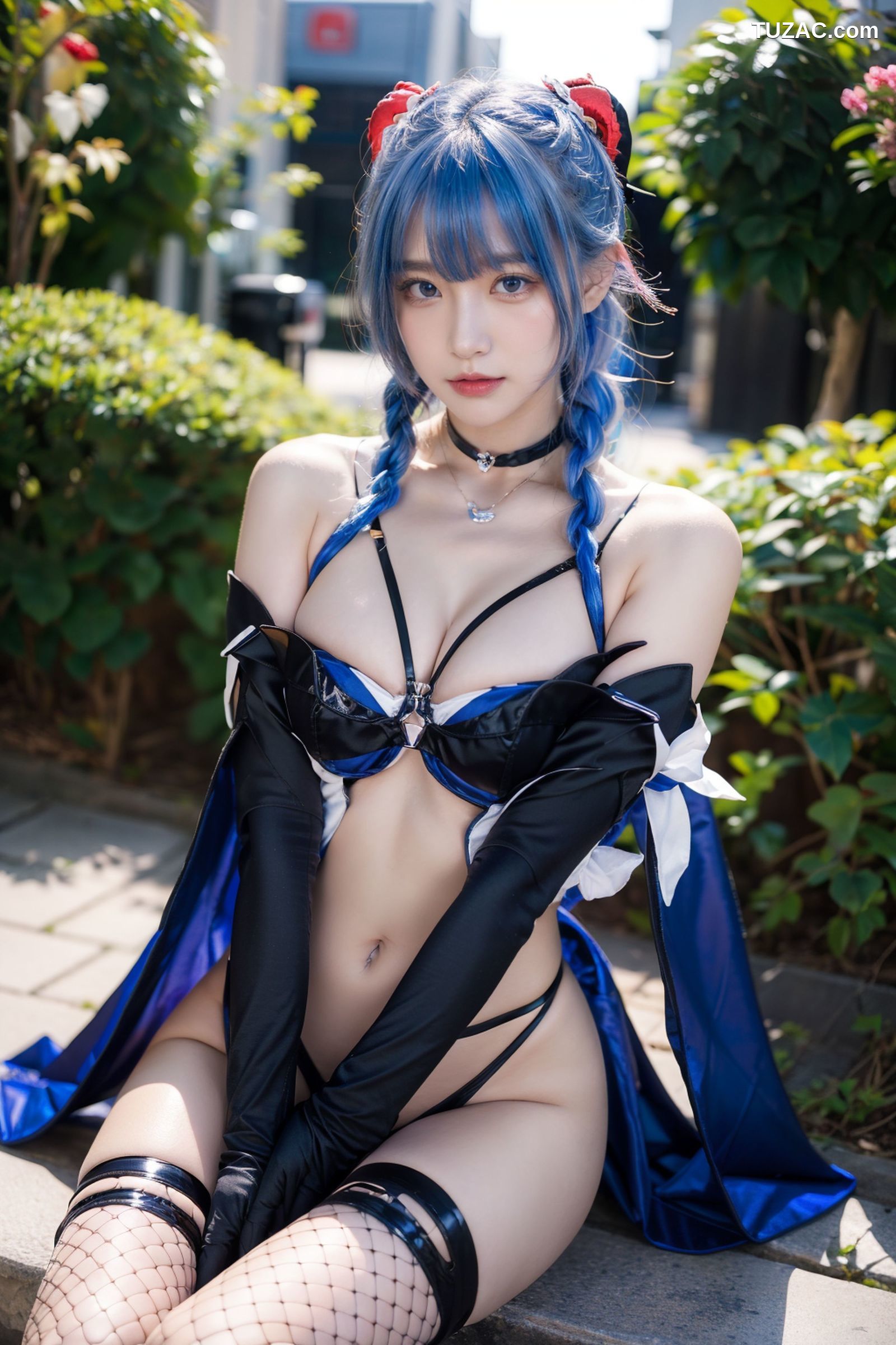 AI美女-拟实-蓝发双麻花辫美少女-纯净版