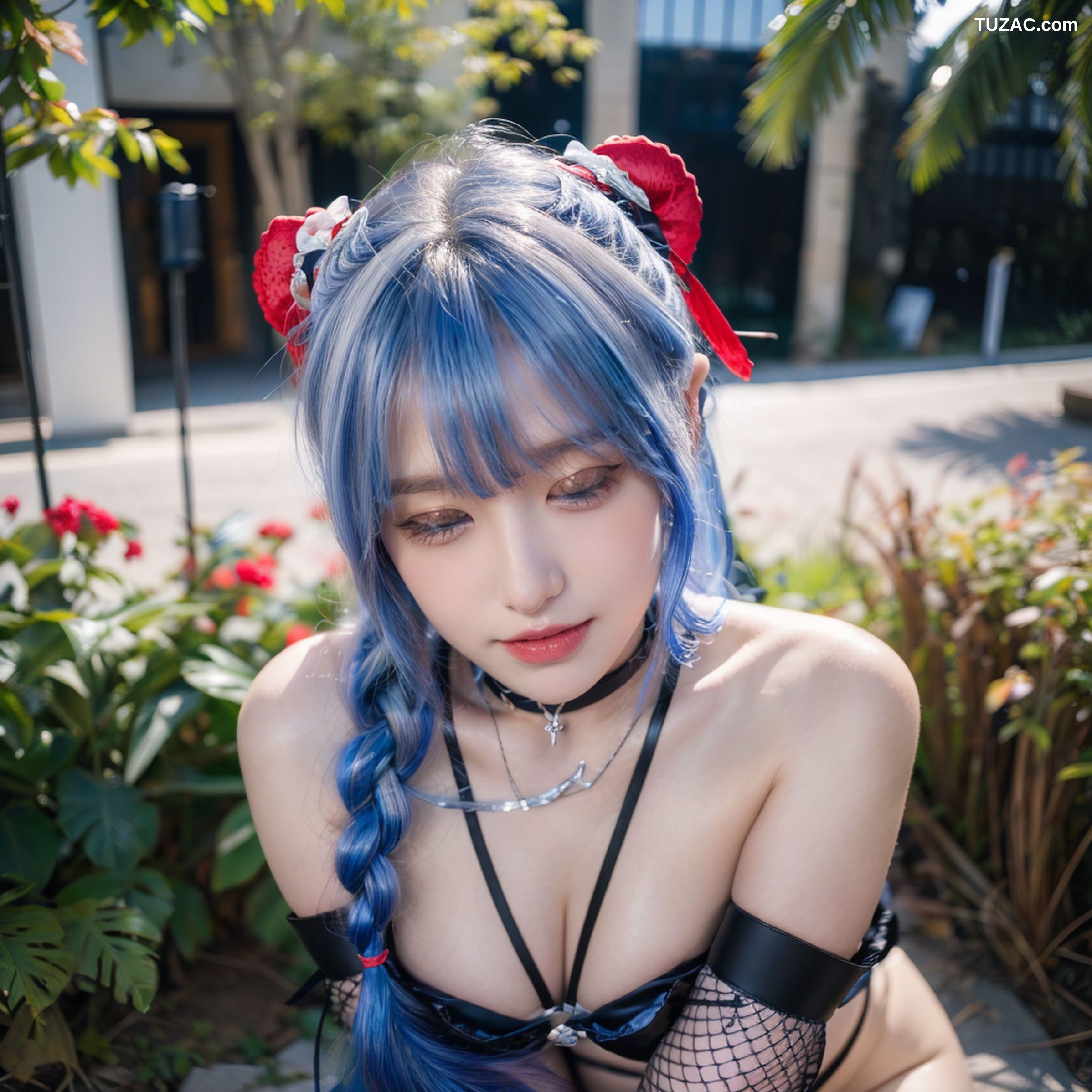 AI美女-拟实-蓝发双麻花辫美少女-纯净版