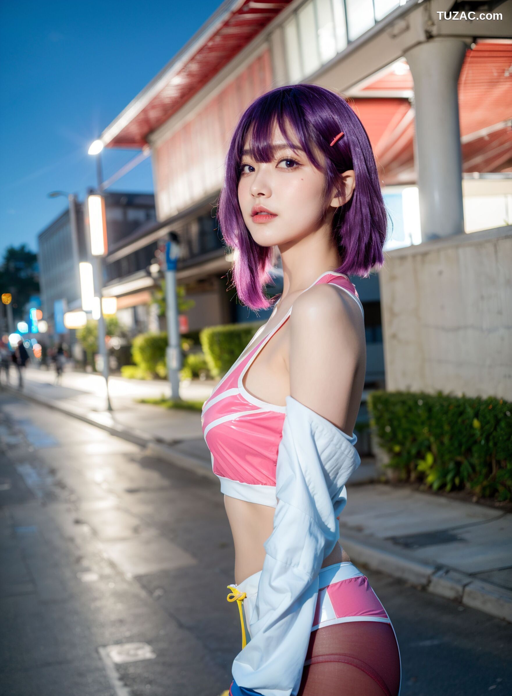 AI美女-拟实-蓝色外套粉色运行背心短裤紫色短发美女