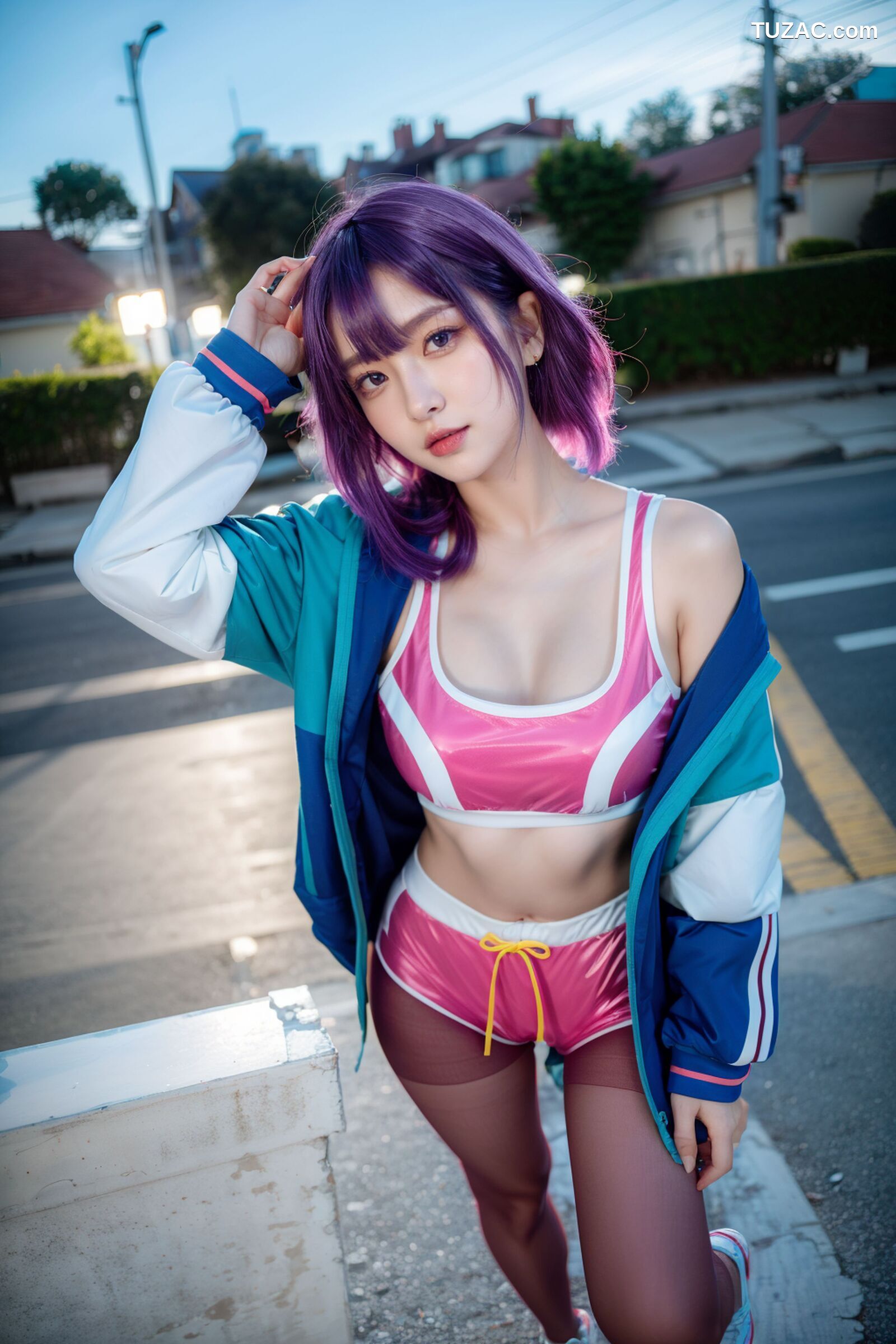 AI美女-拟实-蓝色外套粉色运行背心短裤紫色短发美女