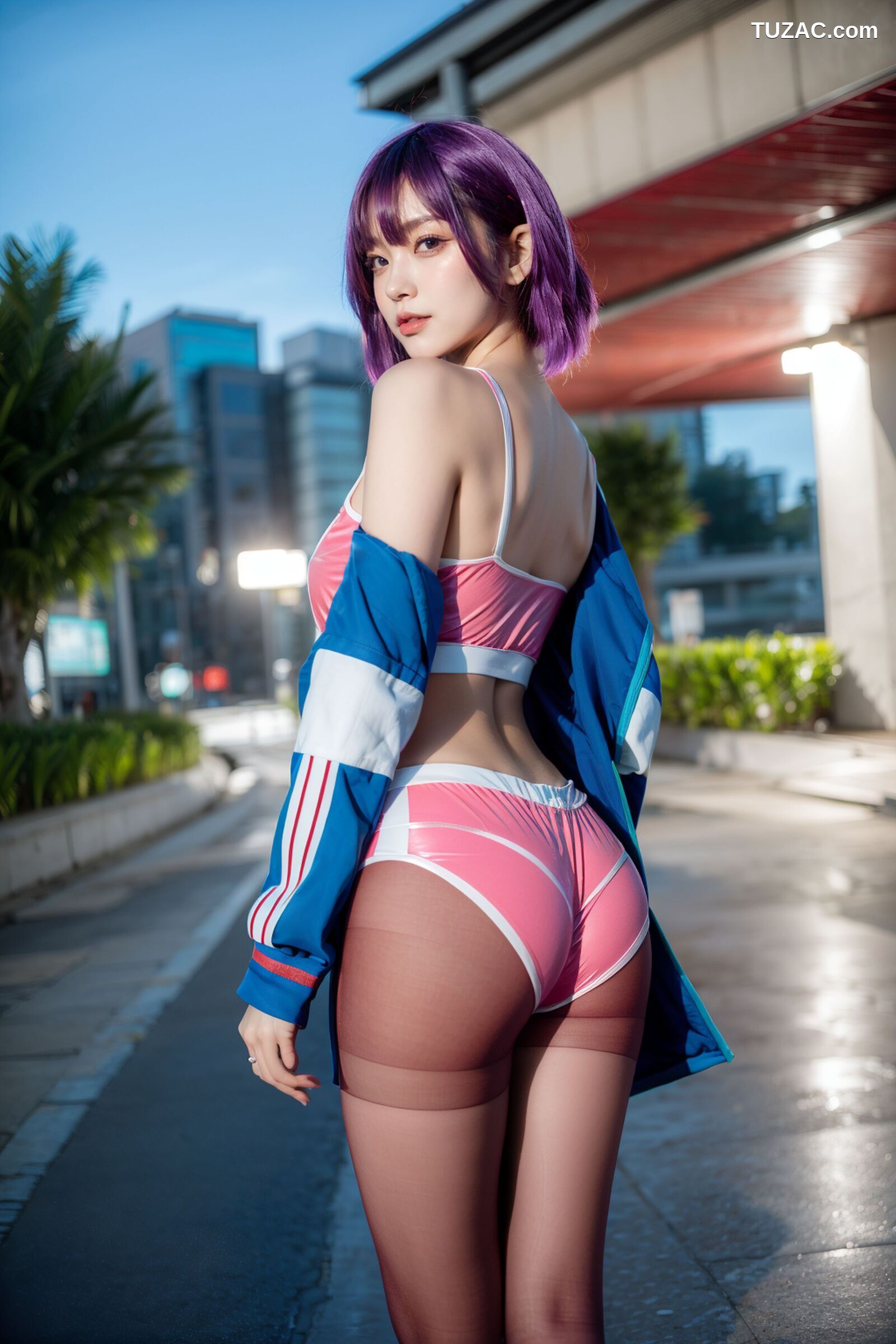 AI美女-拟实-蓝色外套粉色运行背心短裤紫色短发美女