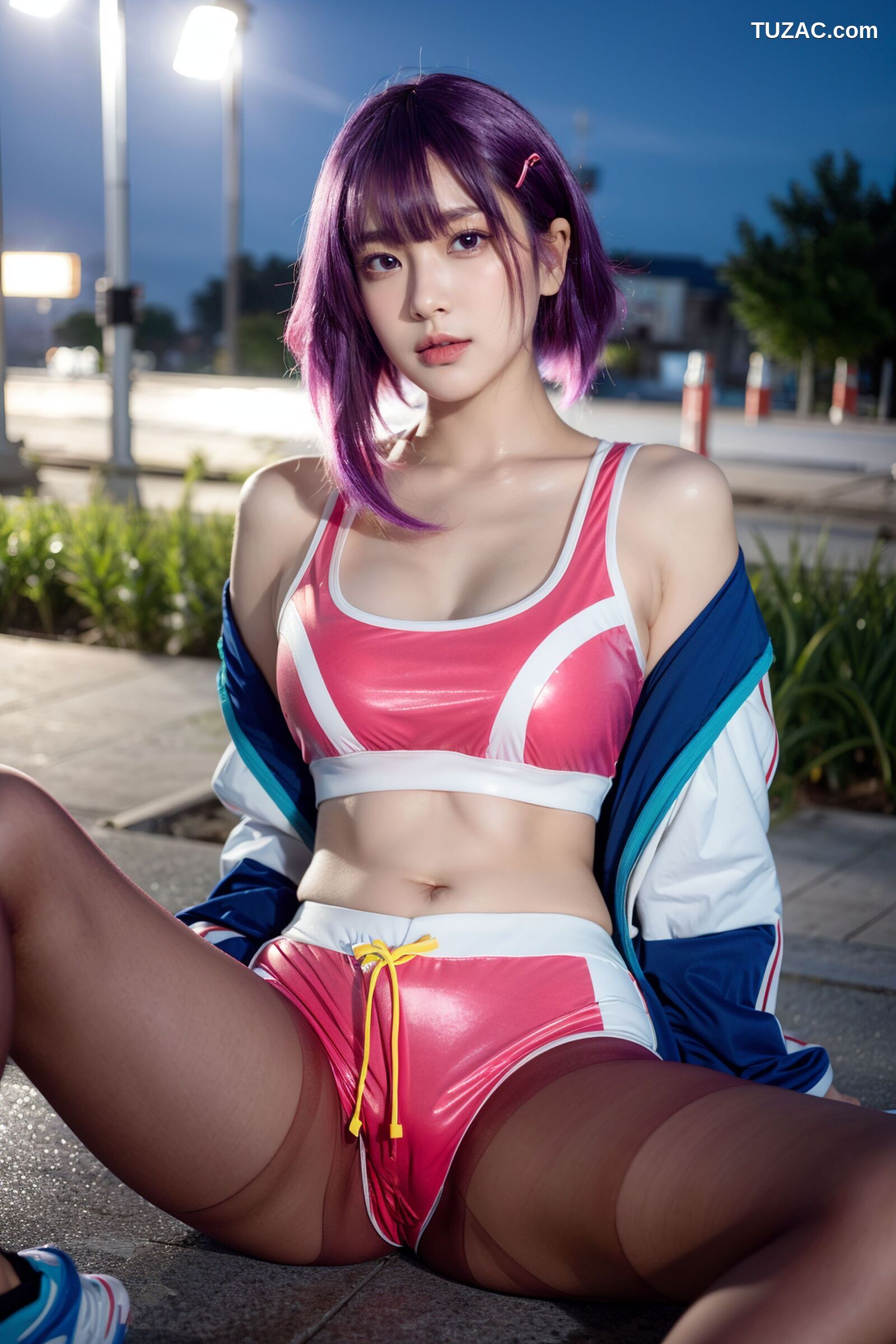 AI美女-拟实-蓝色外套粉色运行背心短裤紫色短发美女