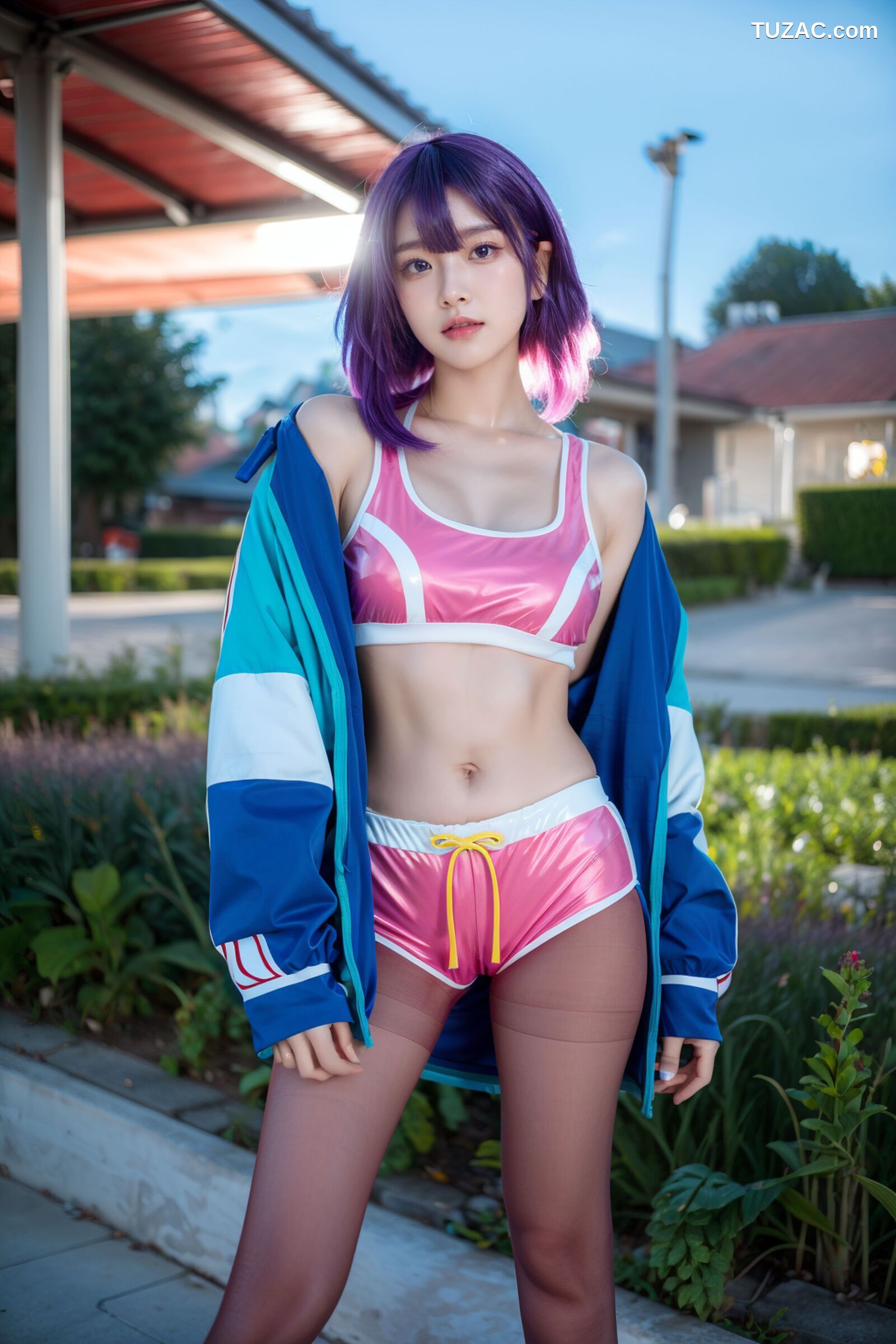 AI美女-拟实-蓝色外套粉色运行背心短裤紫色短发美女