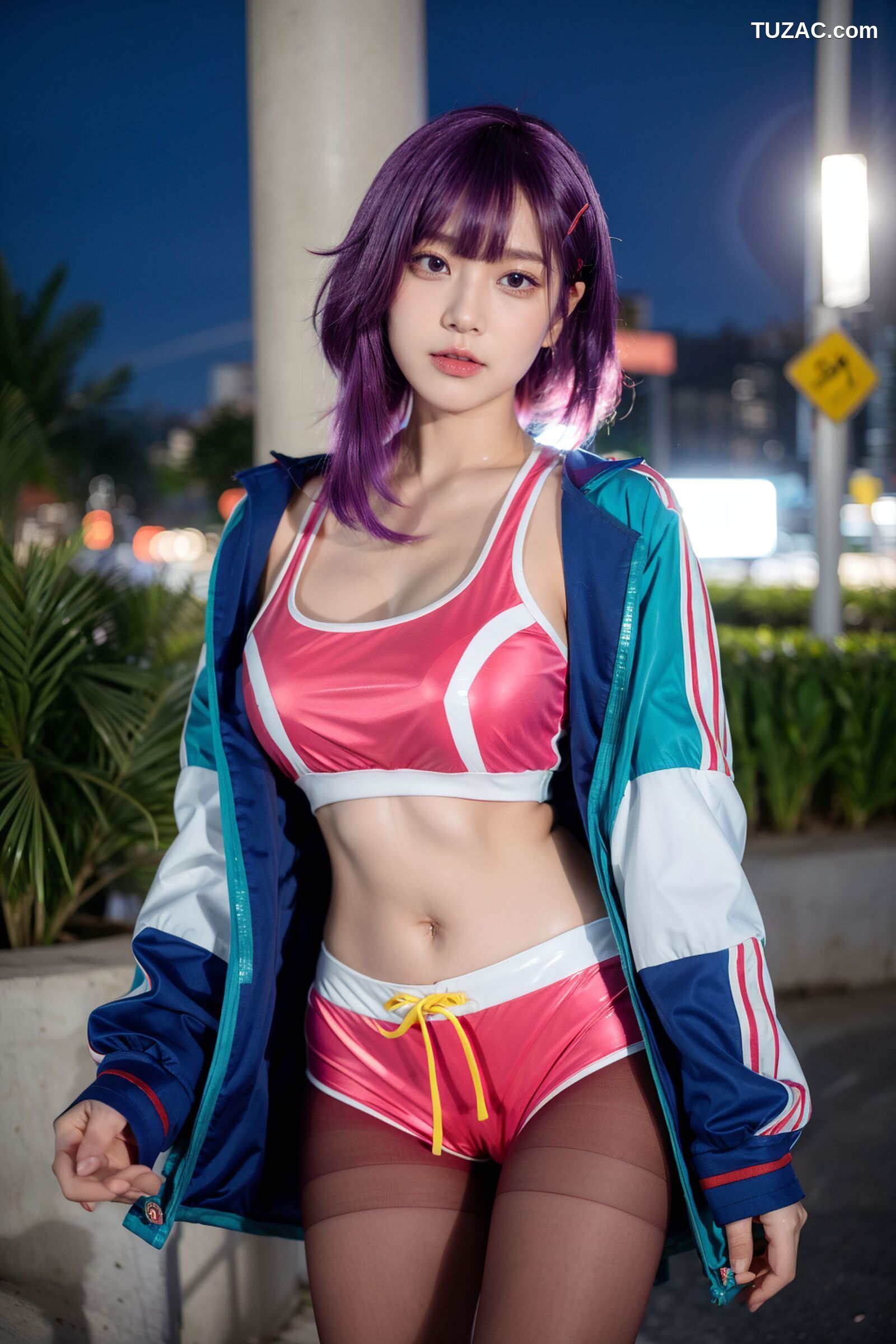 AI美女-拟实-蓝色外套粉色运行背心短裤紫色短发美女