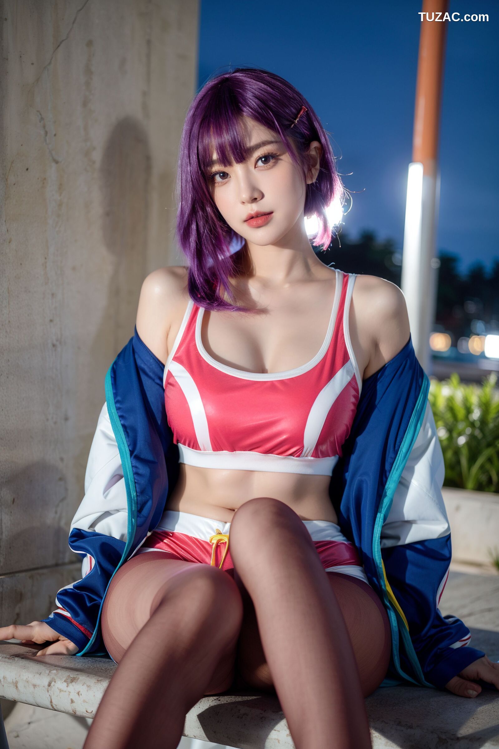 AI美女-拟实-蓝色外套粉色运行背心短裤紫色短发美女