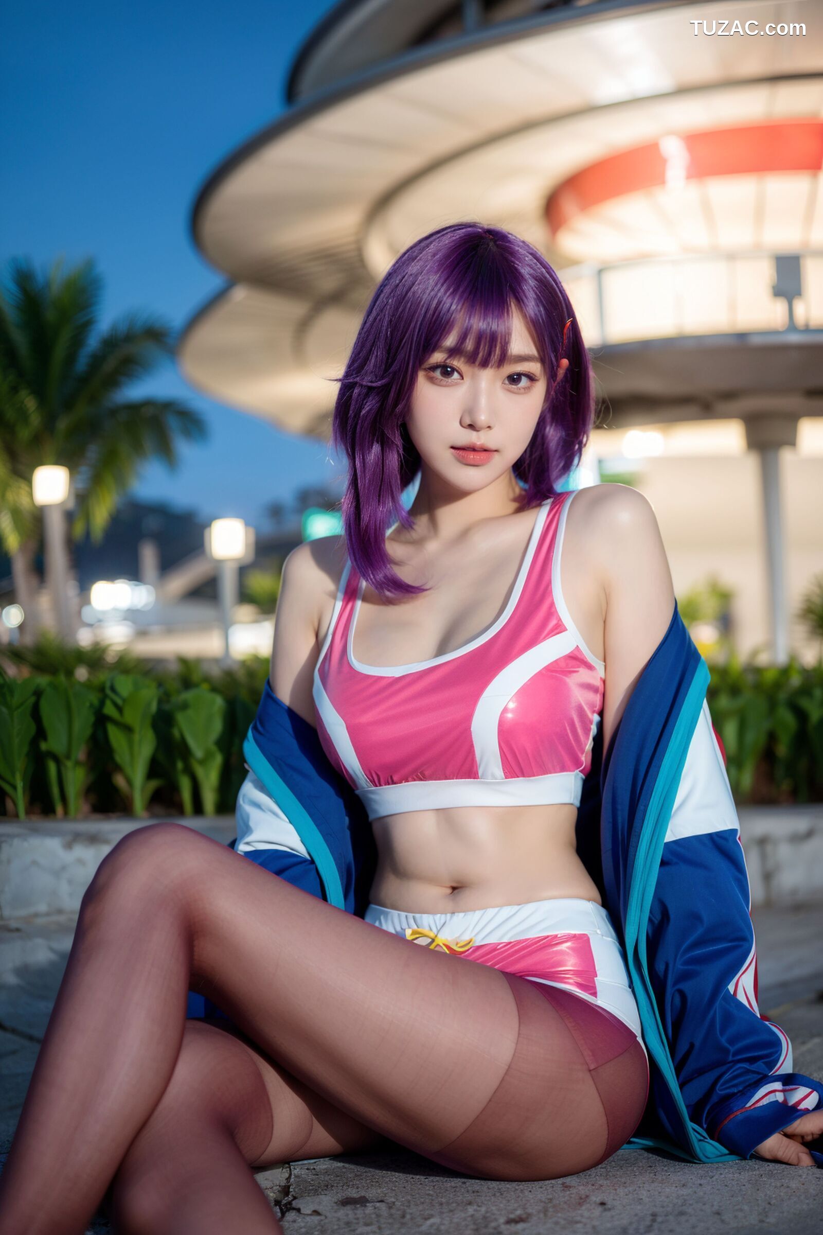 AI美女-拟实-蓝色外套粉色运行背心短裤紫色短发美女