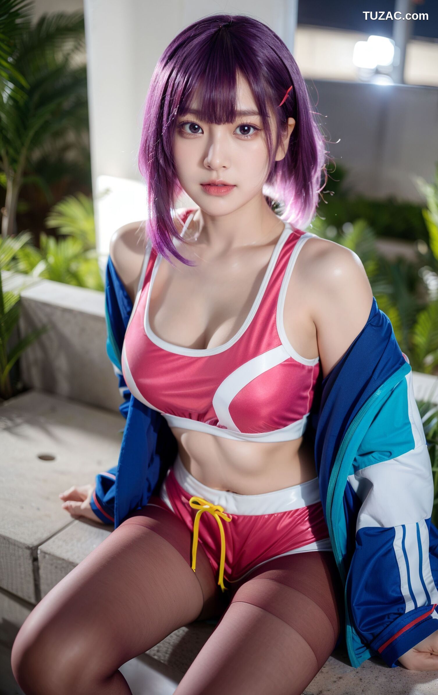 AI美女-拟实-蓝色外套粉色运行背心短裤紫色短发美女