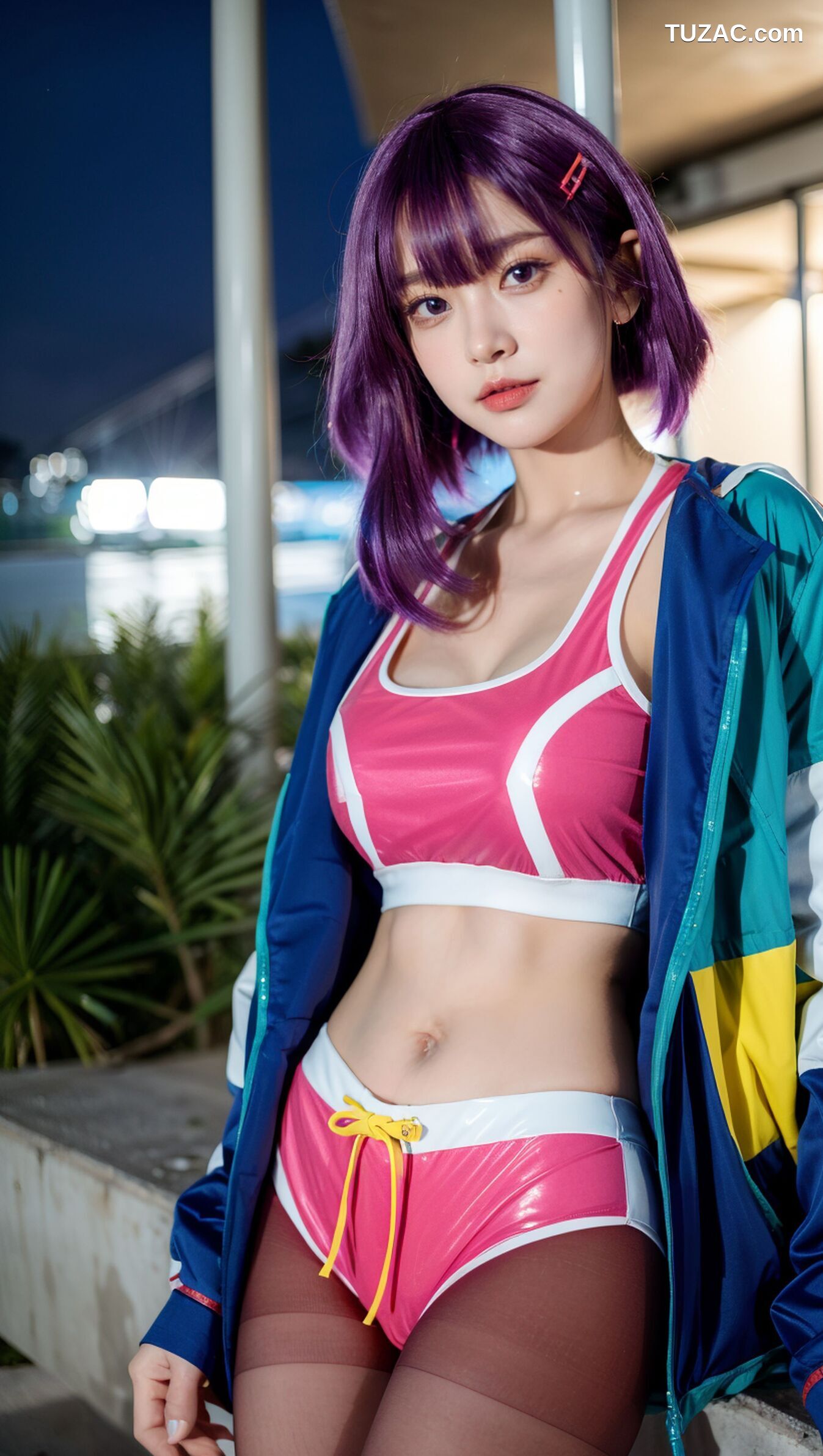 AI美女-拟实-蓝色外套粉色运行背心短裤紫色短发美女