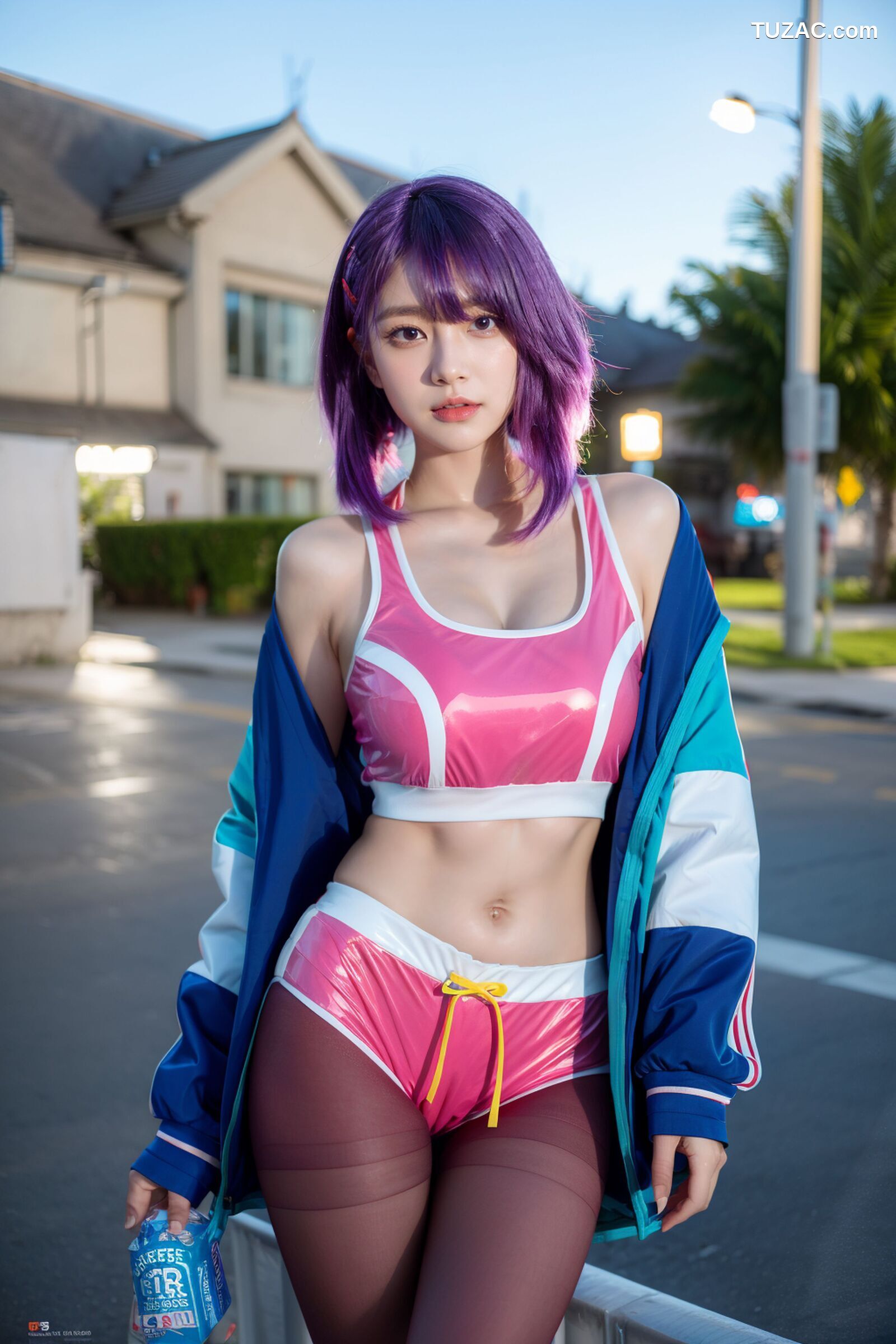 AI美女-拟实-蓝色外套粉色运行背心短裤紫色短发美女