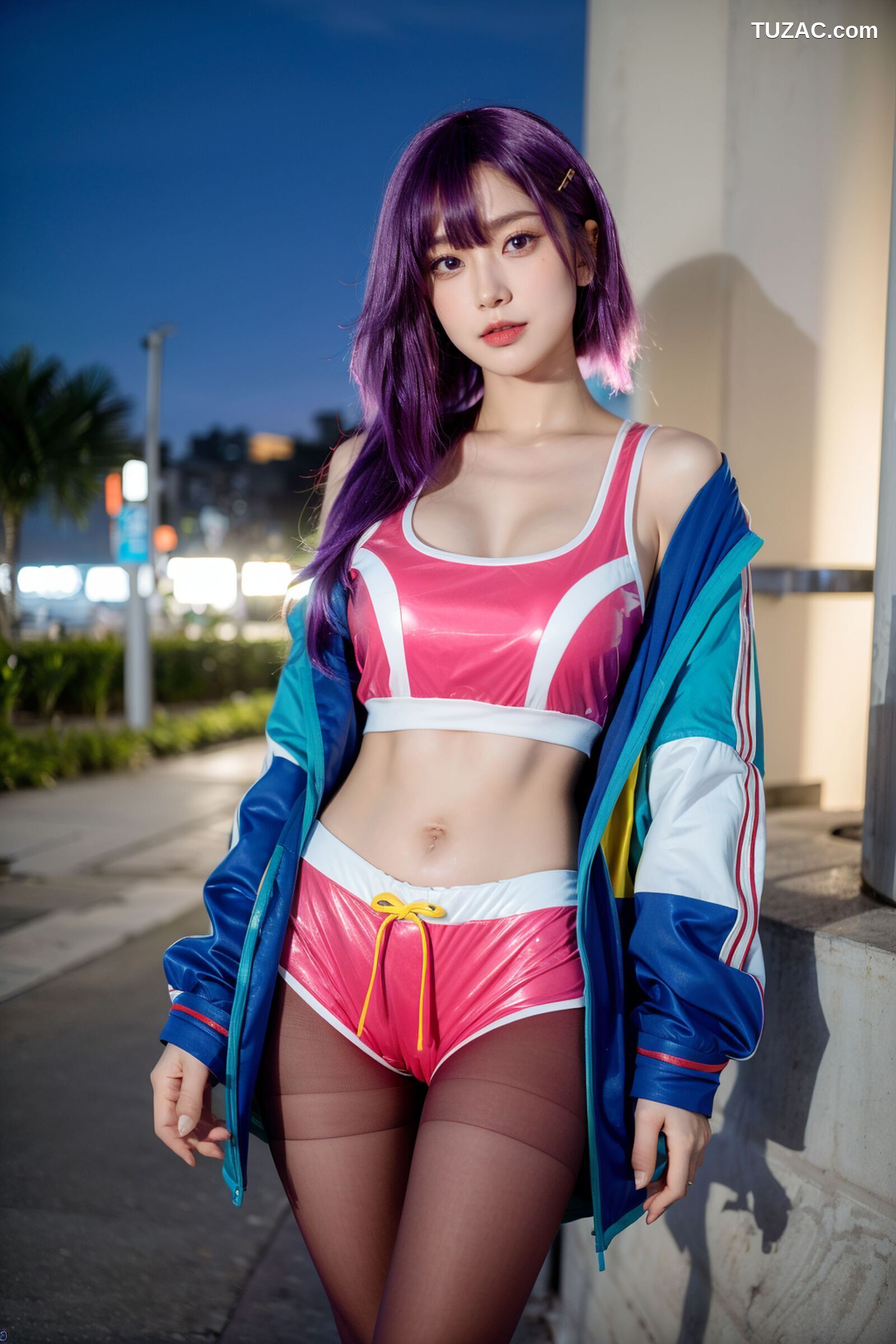 AI美女-拟实-蓝色外套粉色运行背心短裤紫色短发美女