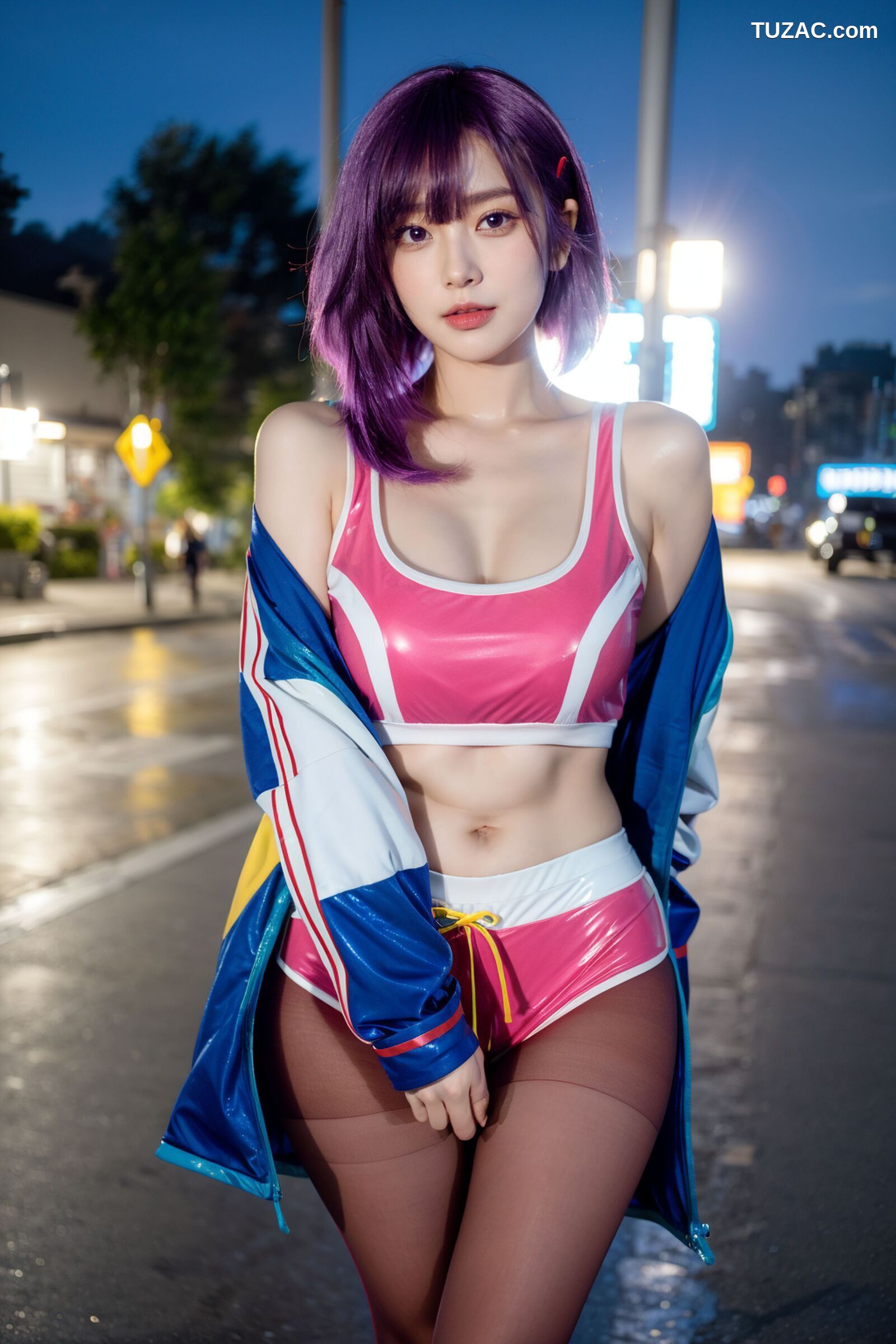 AI美女-拟实-蓝色外套粉色运行背心短裤紫色短发美女