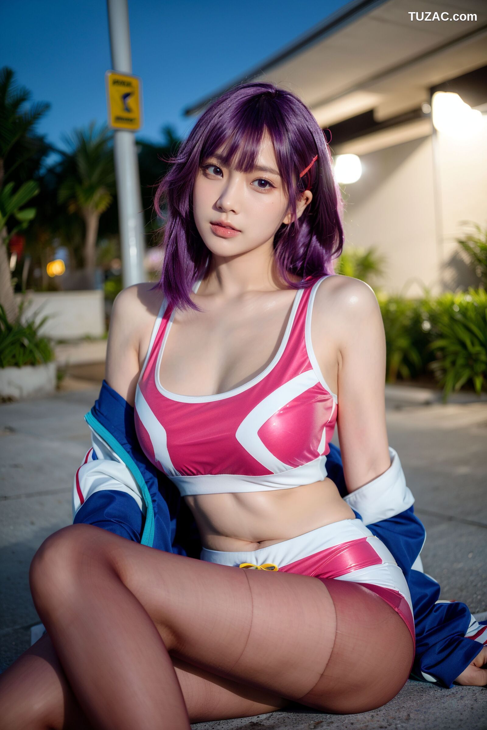 AI美女-拟实-蓝色外套粉色运行背心短裤紫色短发美女