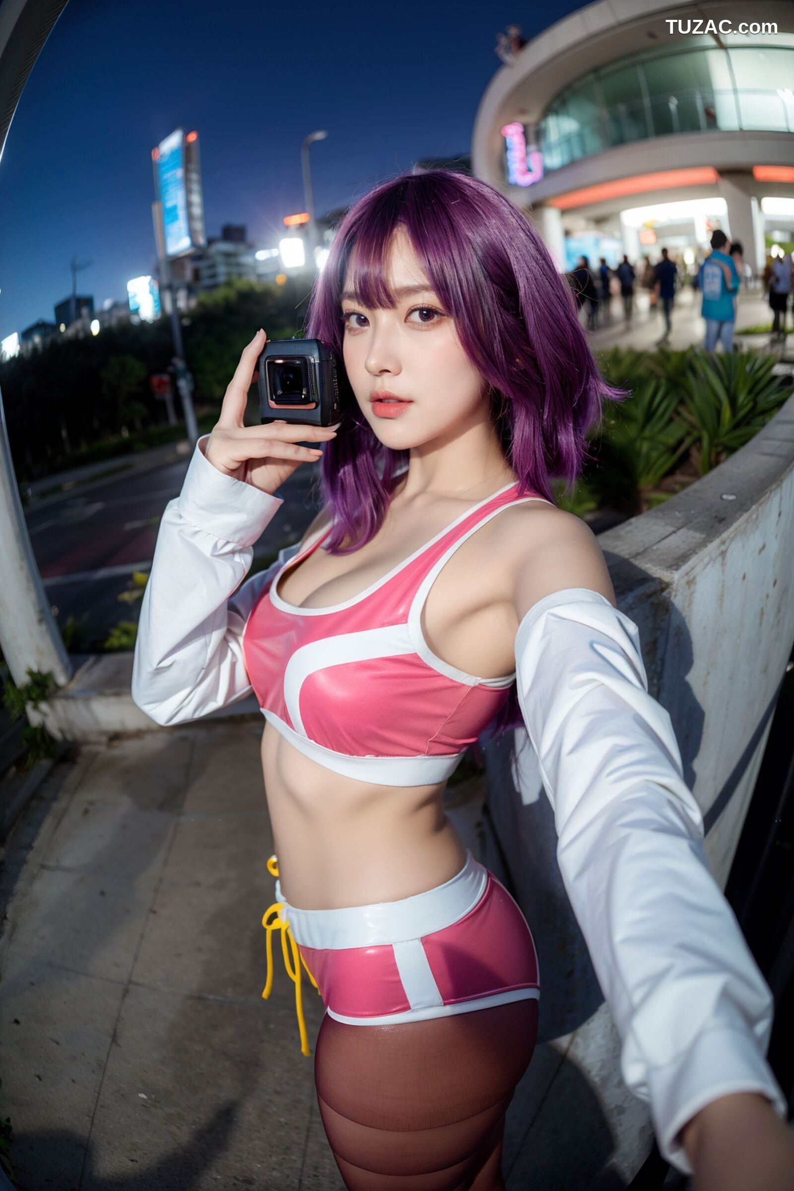 AI美女-拟实-蓝色外套粉色运行背心短裤紫色短发美女