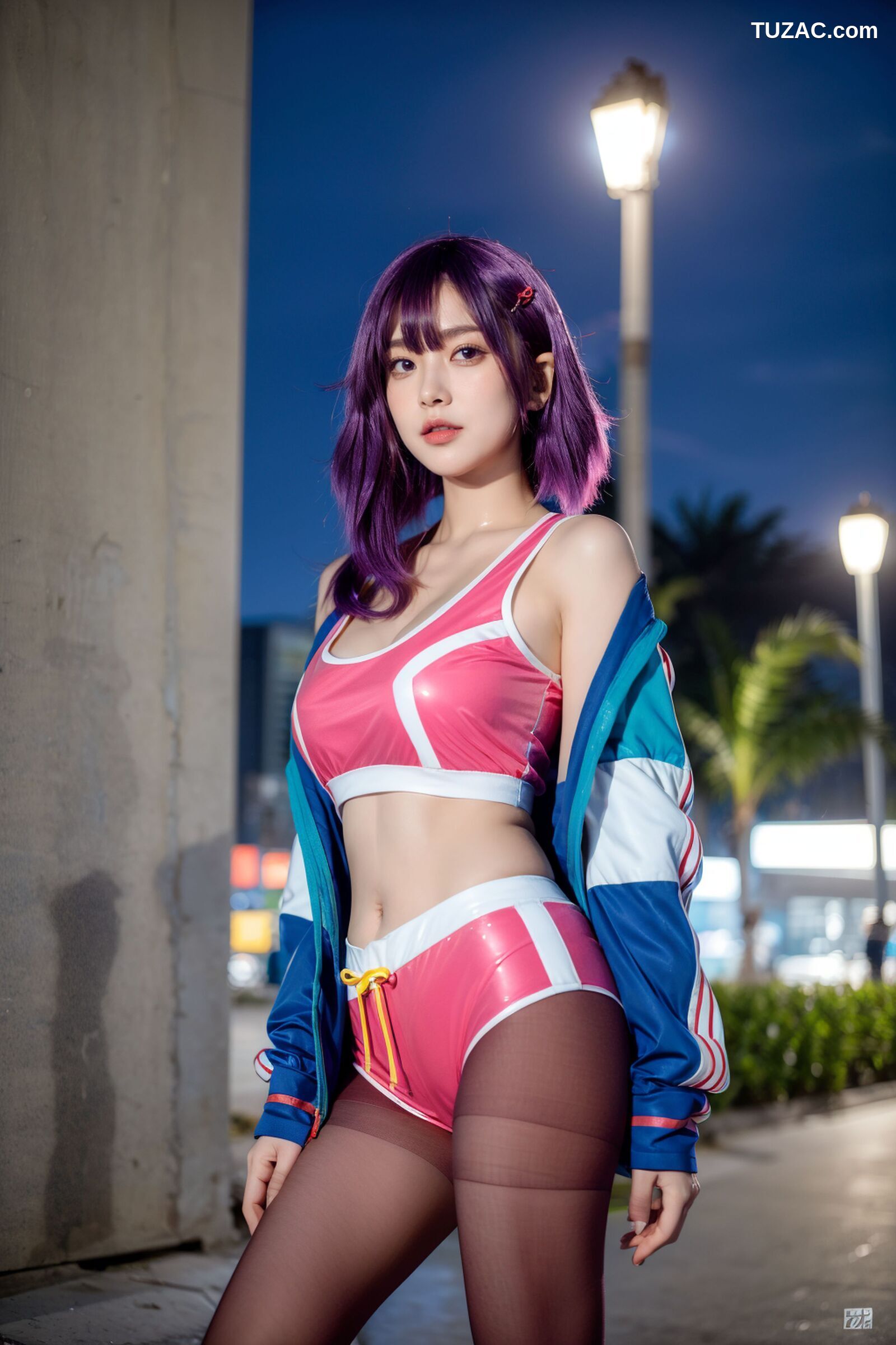 AI美女-拟实-蓝色外套粉色运行背心短裤紫色短发美女
