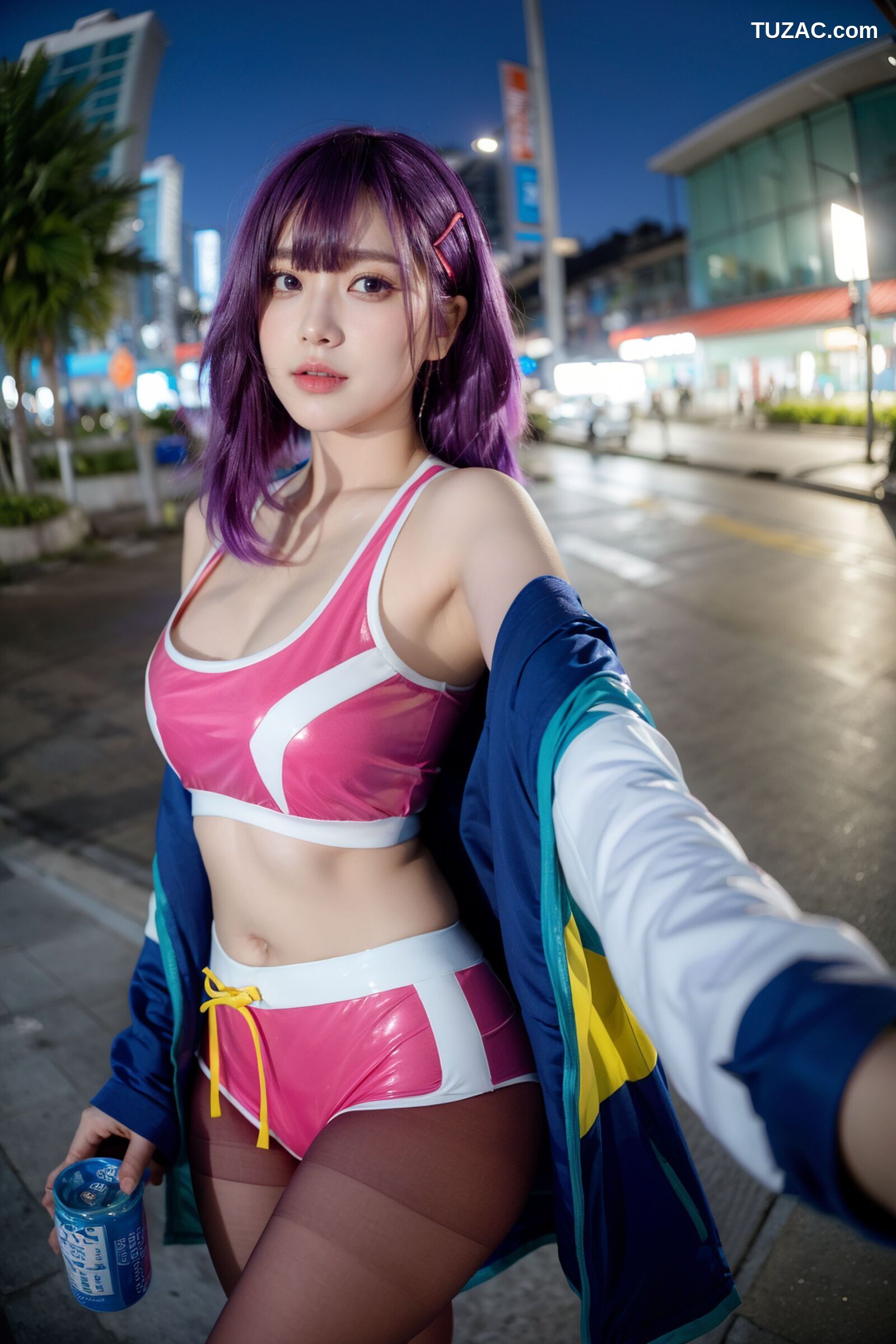AI美女-拟实-蓝色外套粉色运行背心短裤紫色短发美女