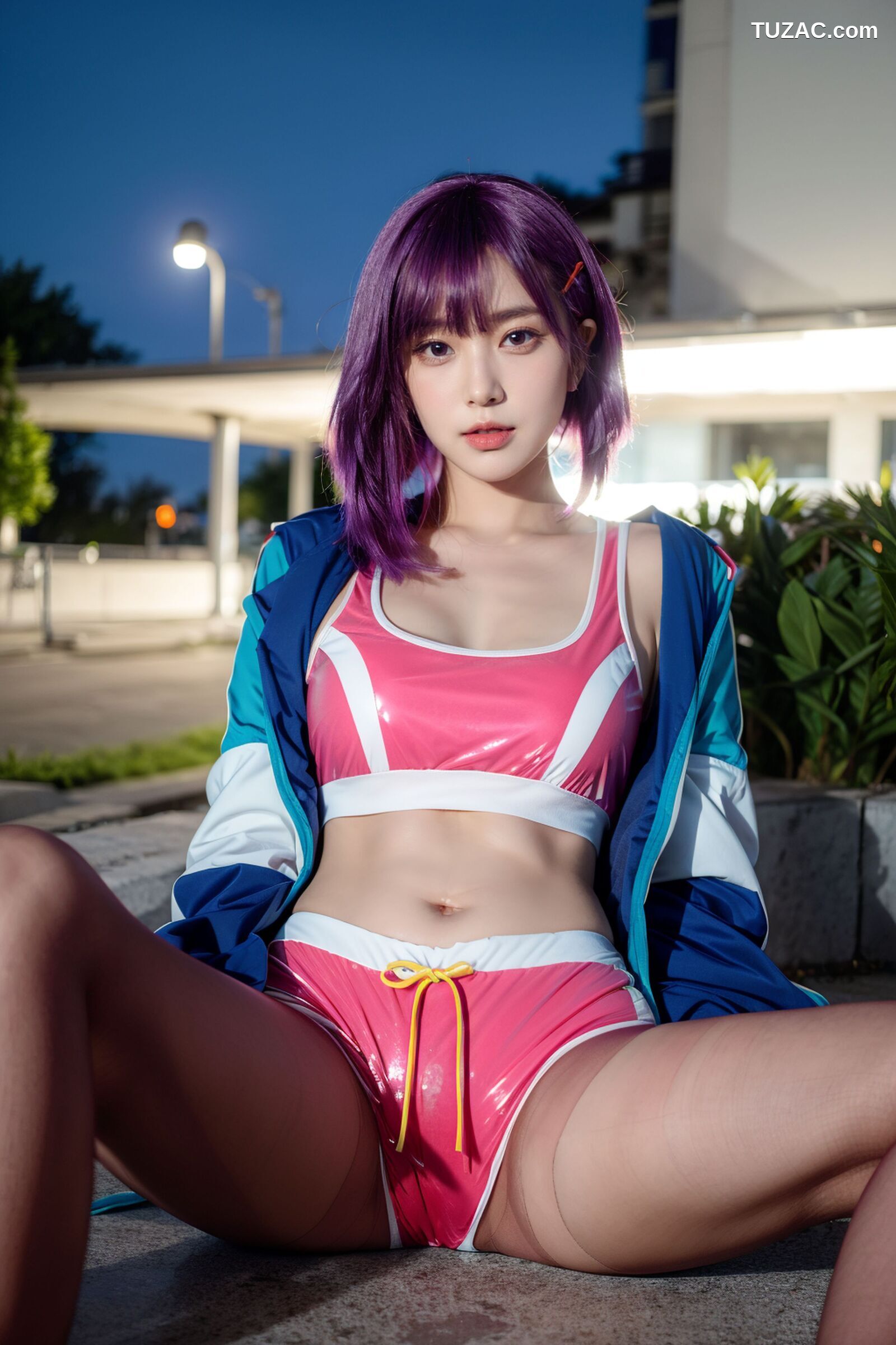 AI美女-拟实-蓝色外套粉色运行背心短裤紫色短发美女