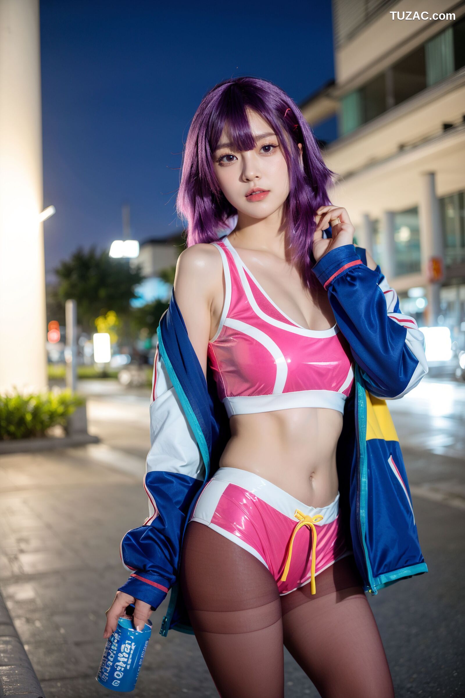 AI美女-拟实-蓝色外套粉色运行背心短裤紫色短发美女