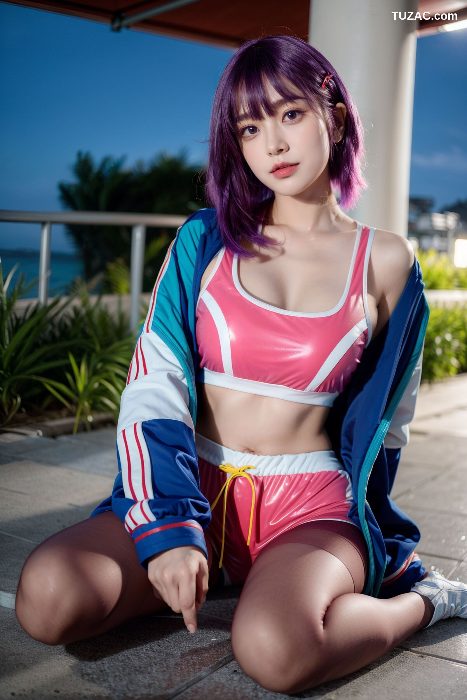 AI美女-拟实-蓝色外套粉色运行背心短裤紫色短发美女