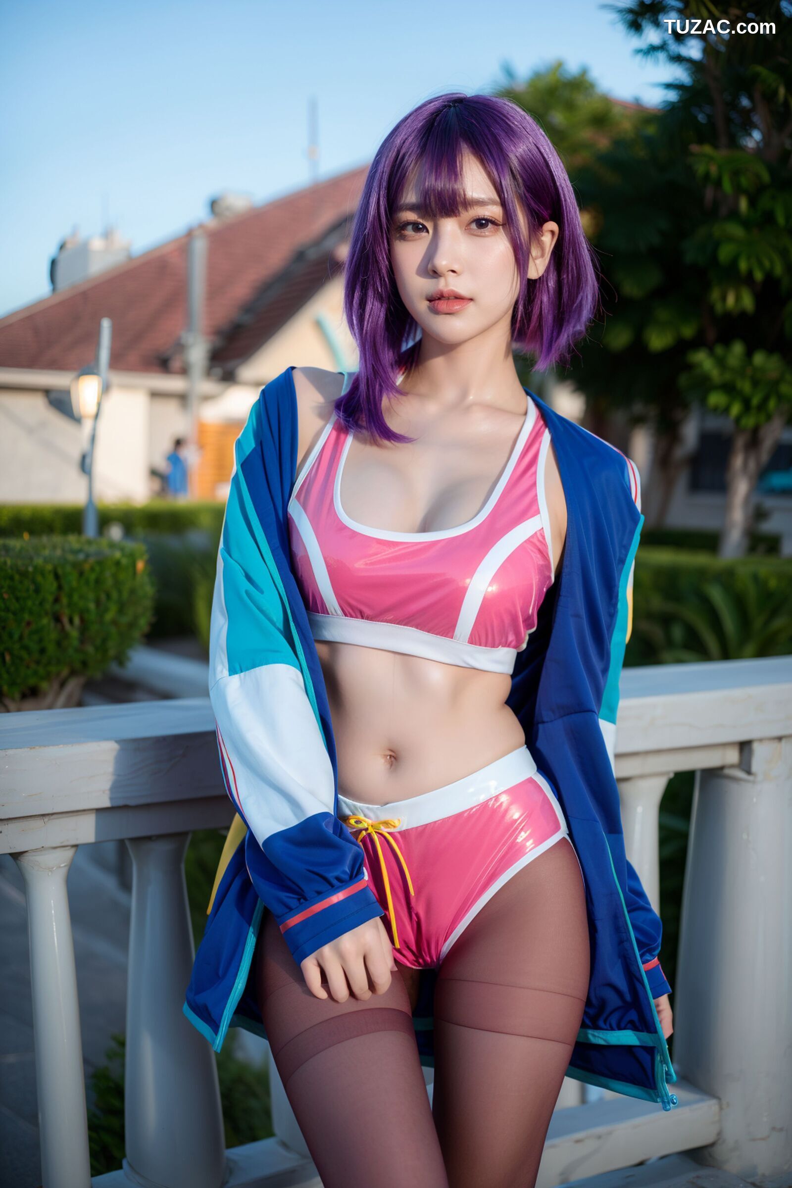 AI美女-拟实-蓝色外套粉色运行背心短裤紫色短发美女
