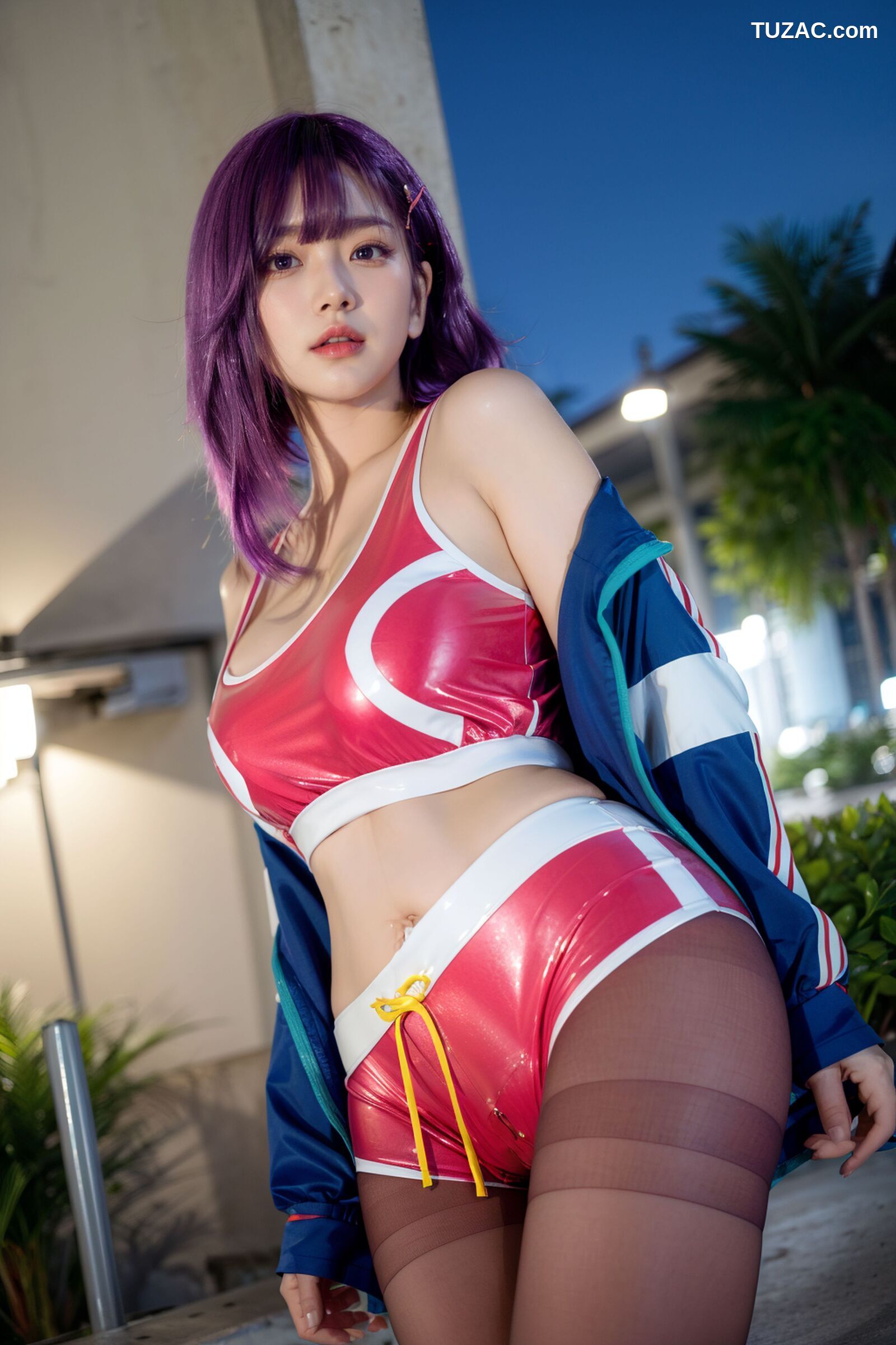 AI美女-拟实-蓝色外套粉色运行背心短裤紫色短发美女