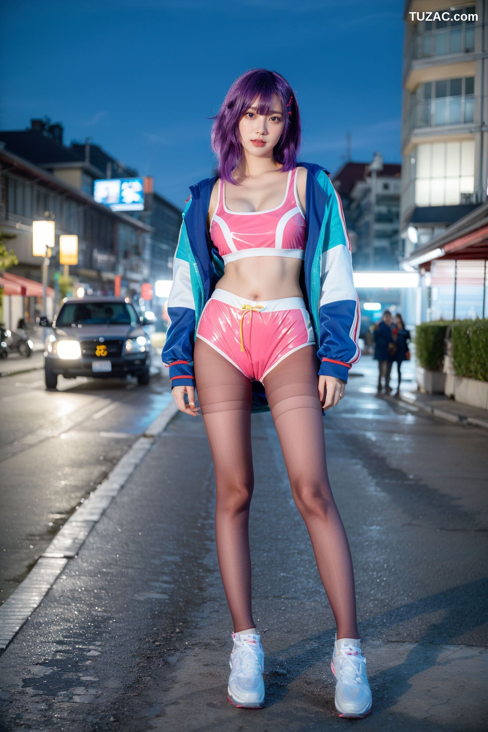 AI美女-拟实-蓝色外套粉色运行背心短裤紫色短发美女