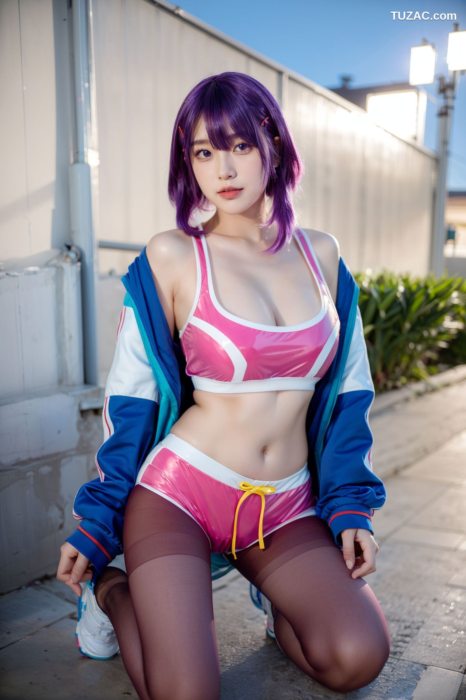 AI美女-拟实-蓝色外套粉色运行背心短裤紫色短发美女