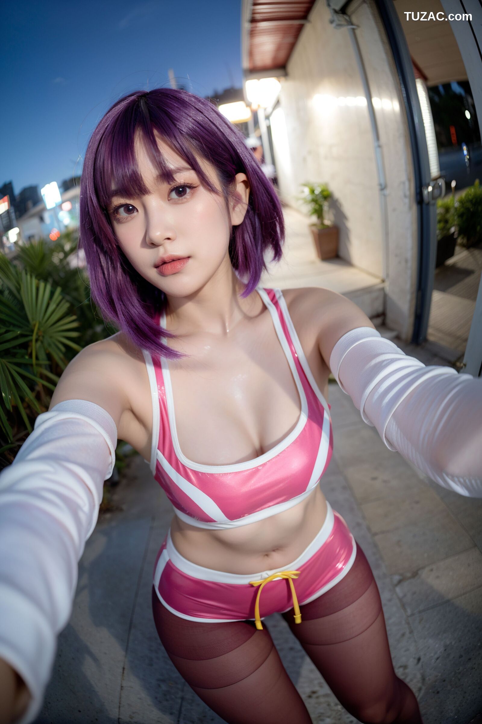 AI美女-拟实-蓝色外套粉色运行背心短裤紫色短发美女