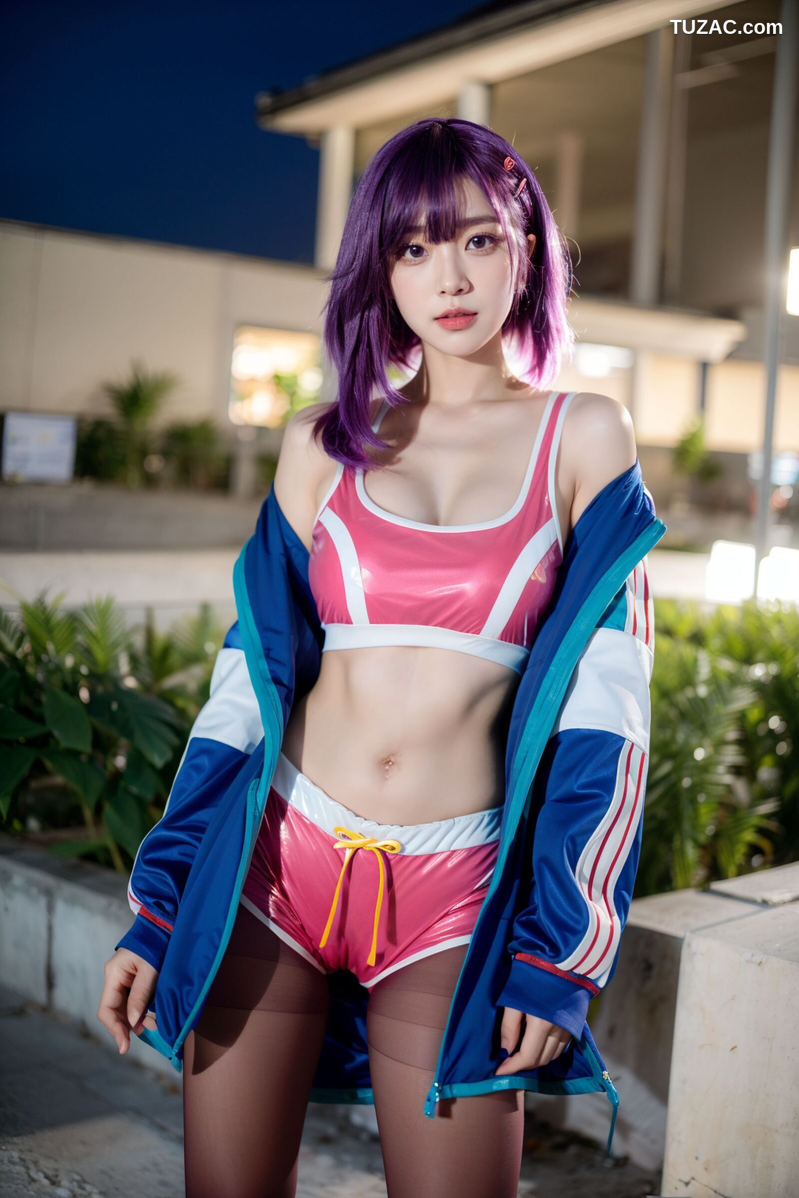 AI美女-拟实-蓝色外套粉色运行背心短裤紫色短发美女