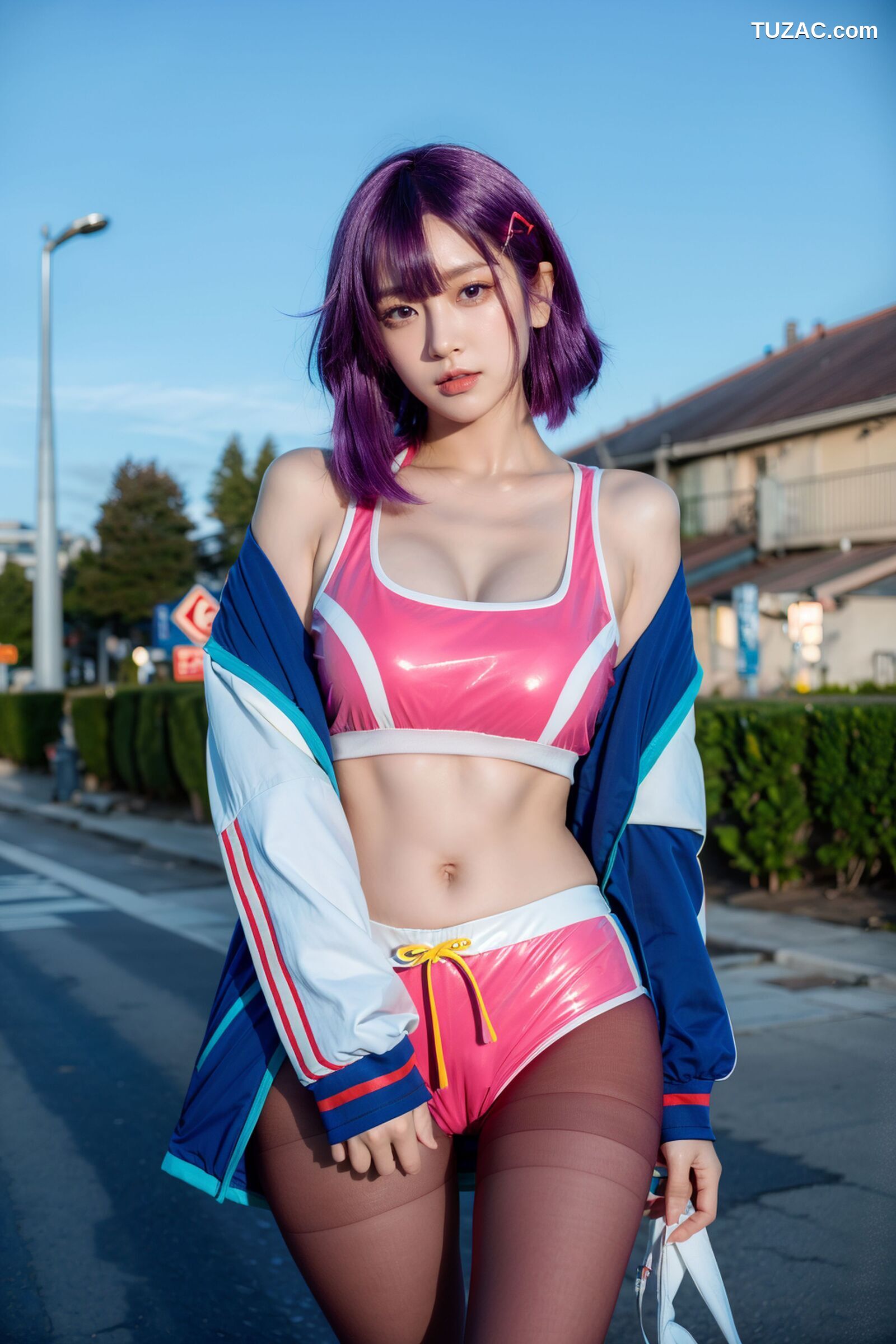 AI美女-拟实-蓝色外套粉色运行背心短裤紫色短发美女
