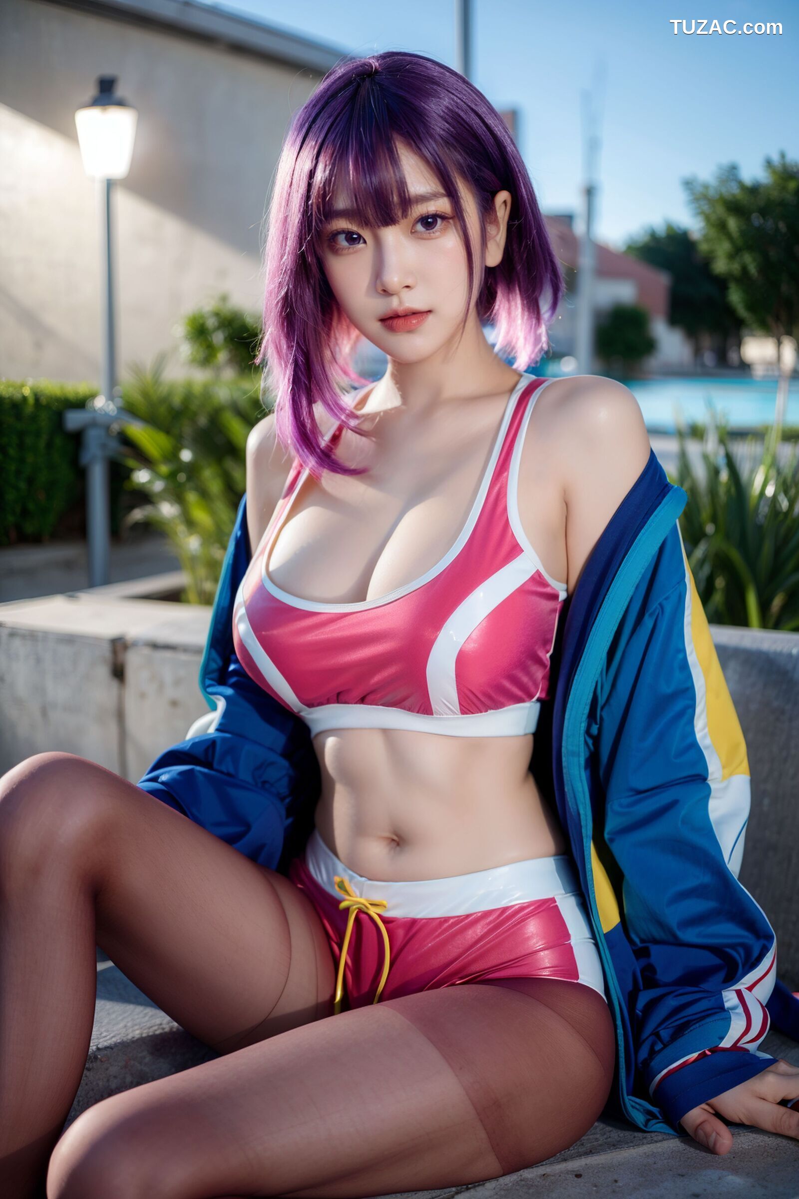 AI美女-拟实-蓝色外套粉色运行背心短裤紫色短发美女