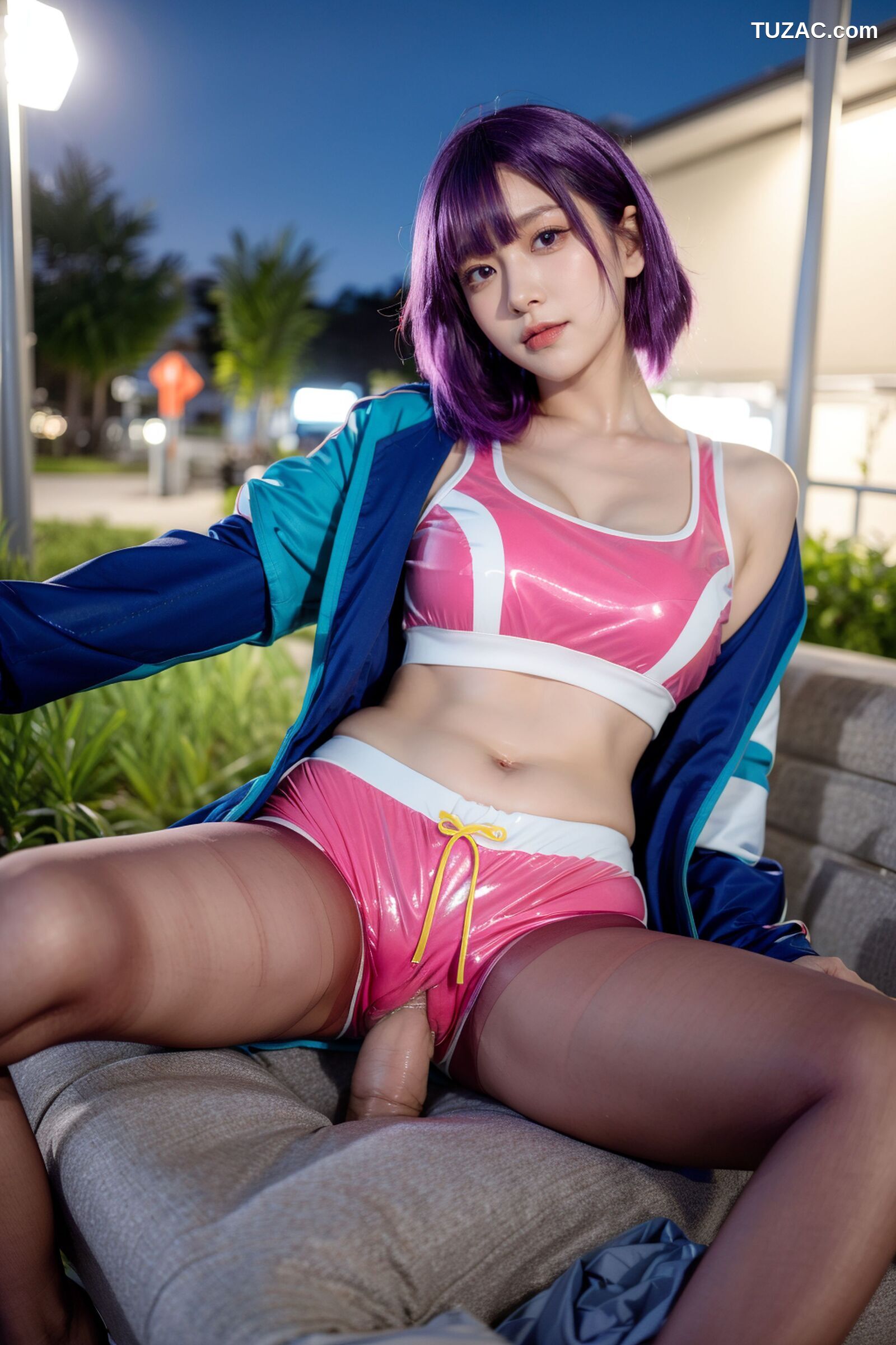 AI美女-拟实-蓝色外套粉色运行背心短裤紫色短发美女