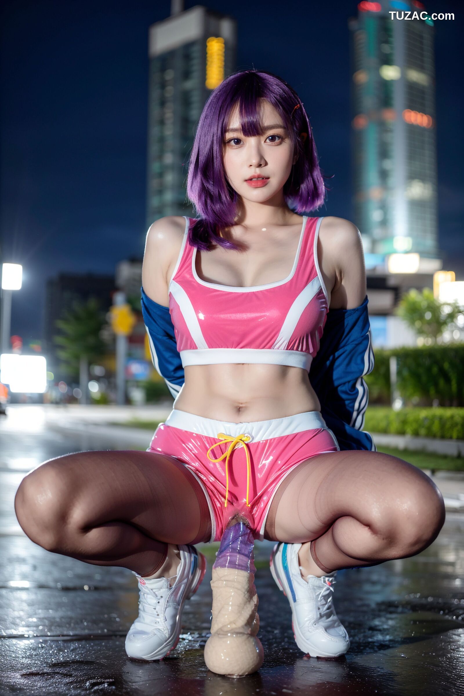 AI美女-拟实-蓝色外套粉色运行背心短裤紫色短发美女