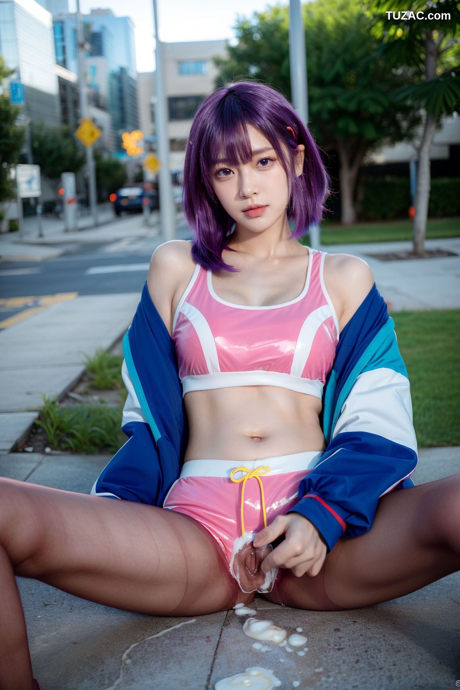 AI美女-拟实-蓝色外套粉色运行背心短裤紫色短发美女
