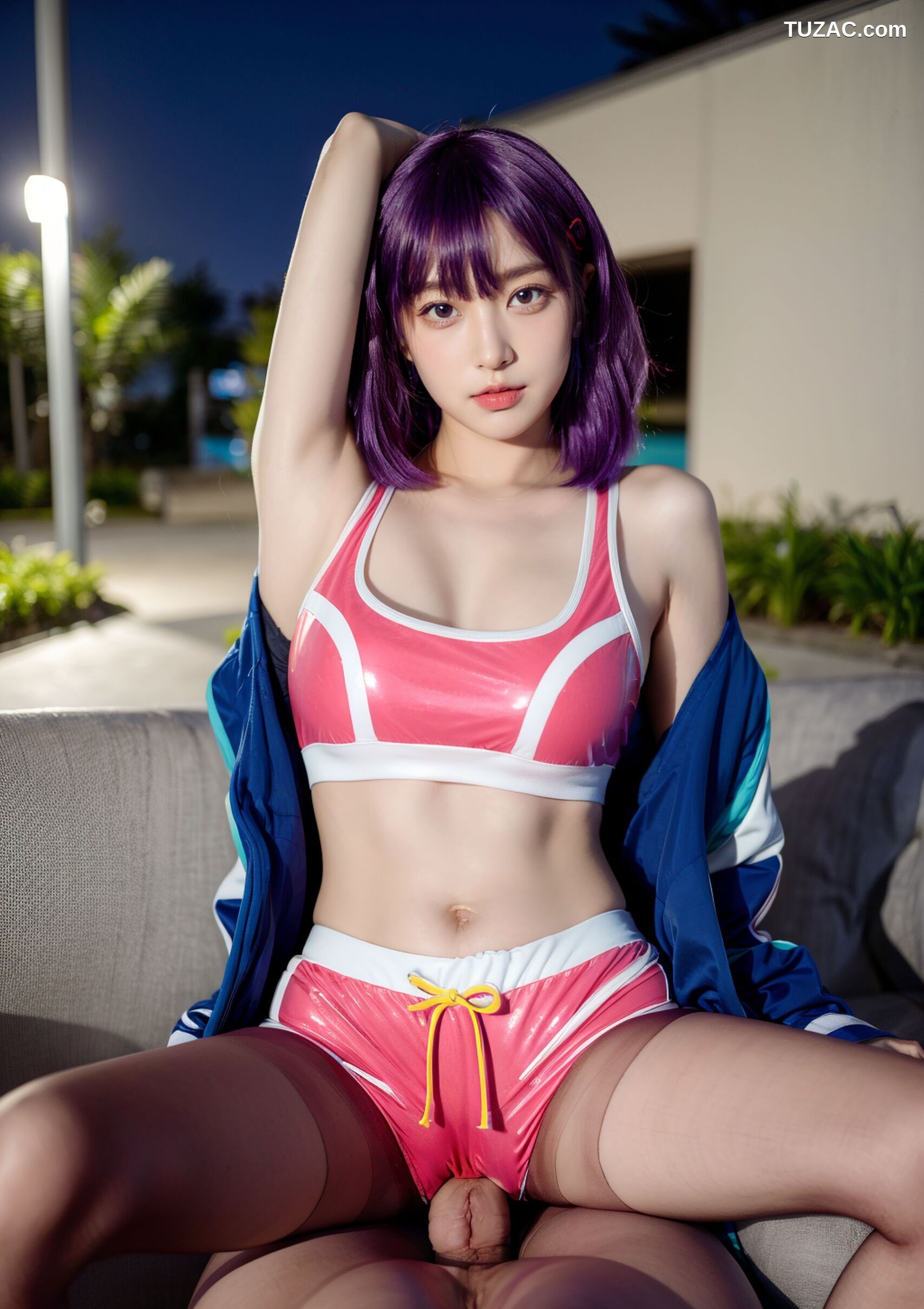 AI美女-拟实-蓝色外套粉色运行背心短裤紫色短发美女
