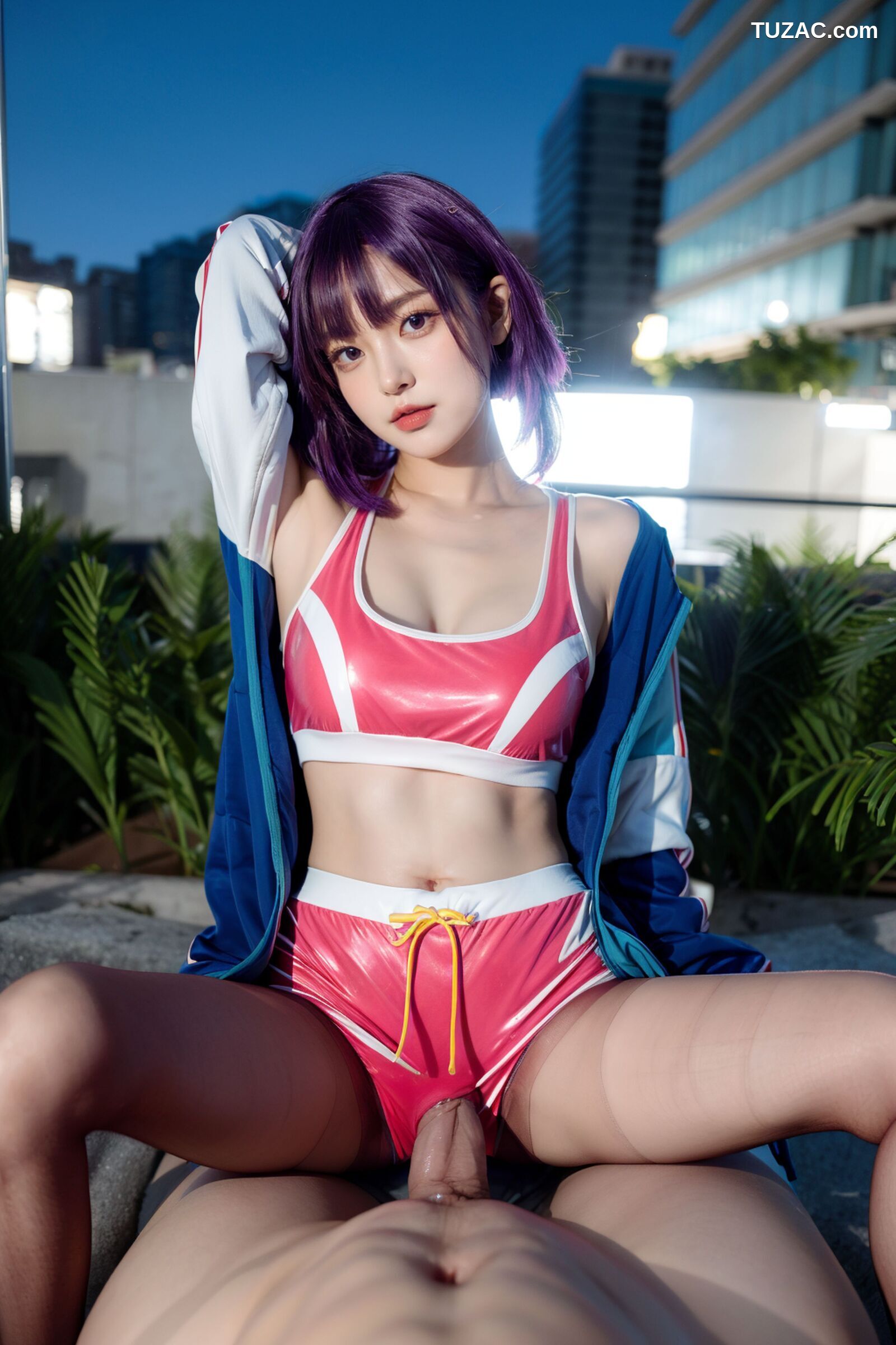 AI美女-拟实-蓝色外套粉色运行背心短裤紫色短发美女