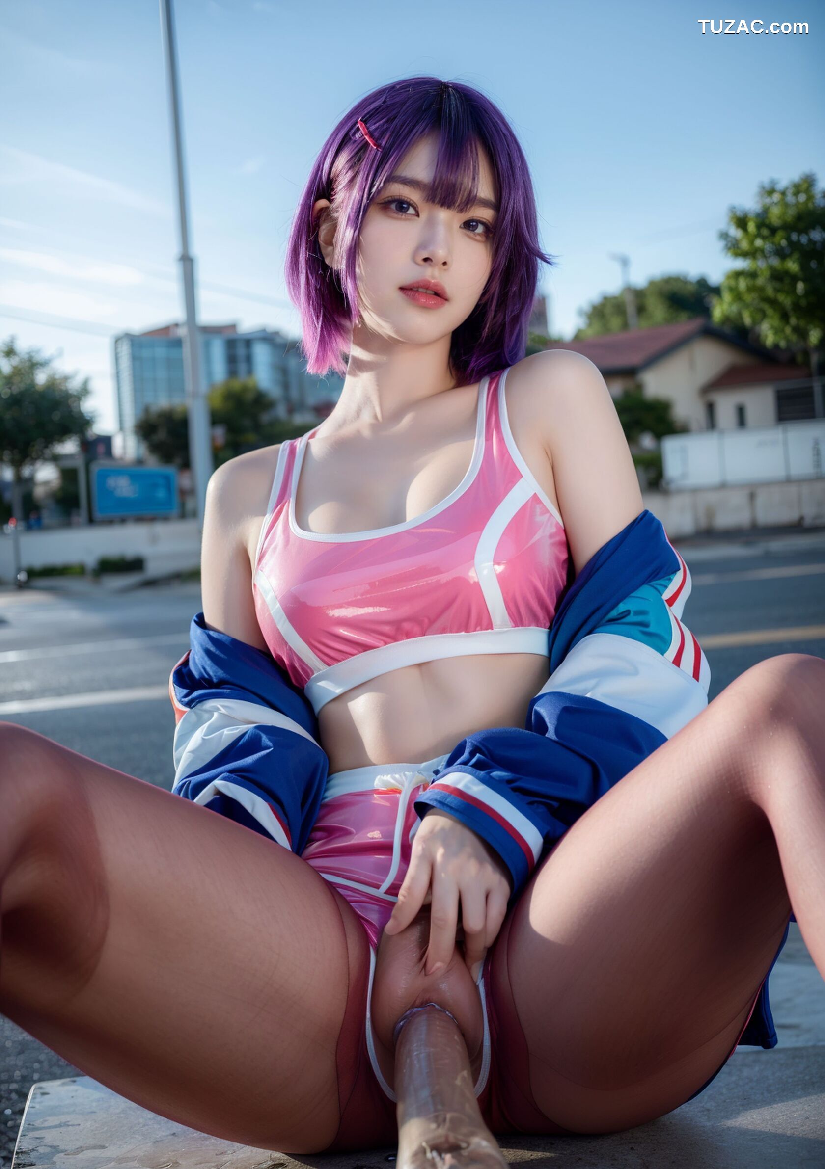 AI美女-拟实-蓝色外套粉色运行背心短裤紫色短发美女